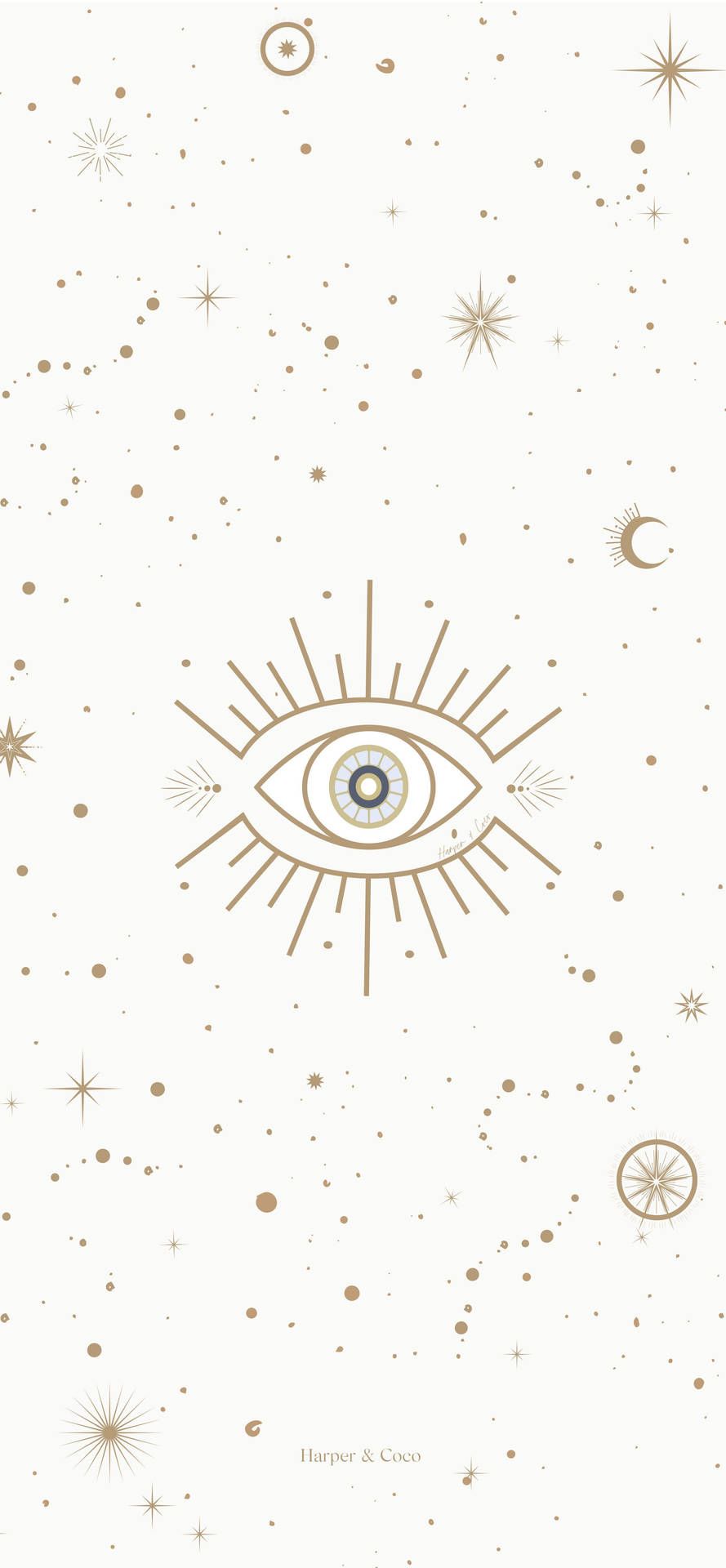 A gold all seeing eye on a white background surrounded by stars - Eyes