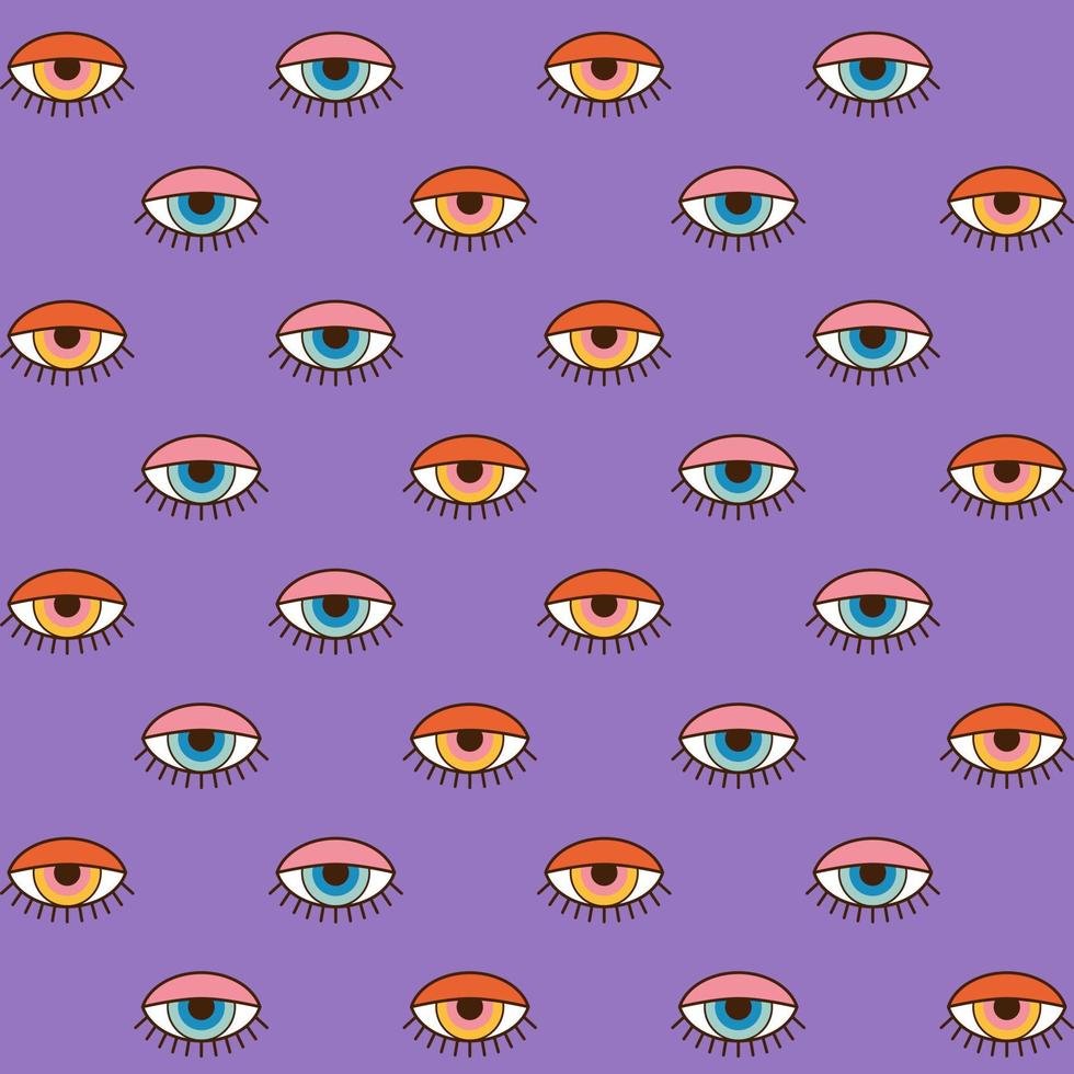 Modern esoteric abstract seamless pattern in 1970s style. Vector hippie background. Doodle eye decorative wallpaper