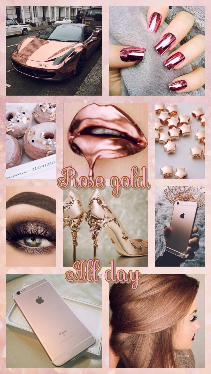 A collage of rose gold items including a phone, car, lipstick and nail varnish - Makeup