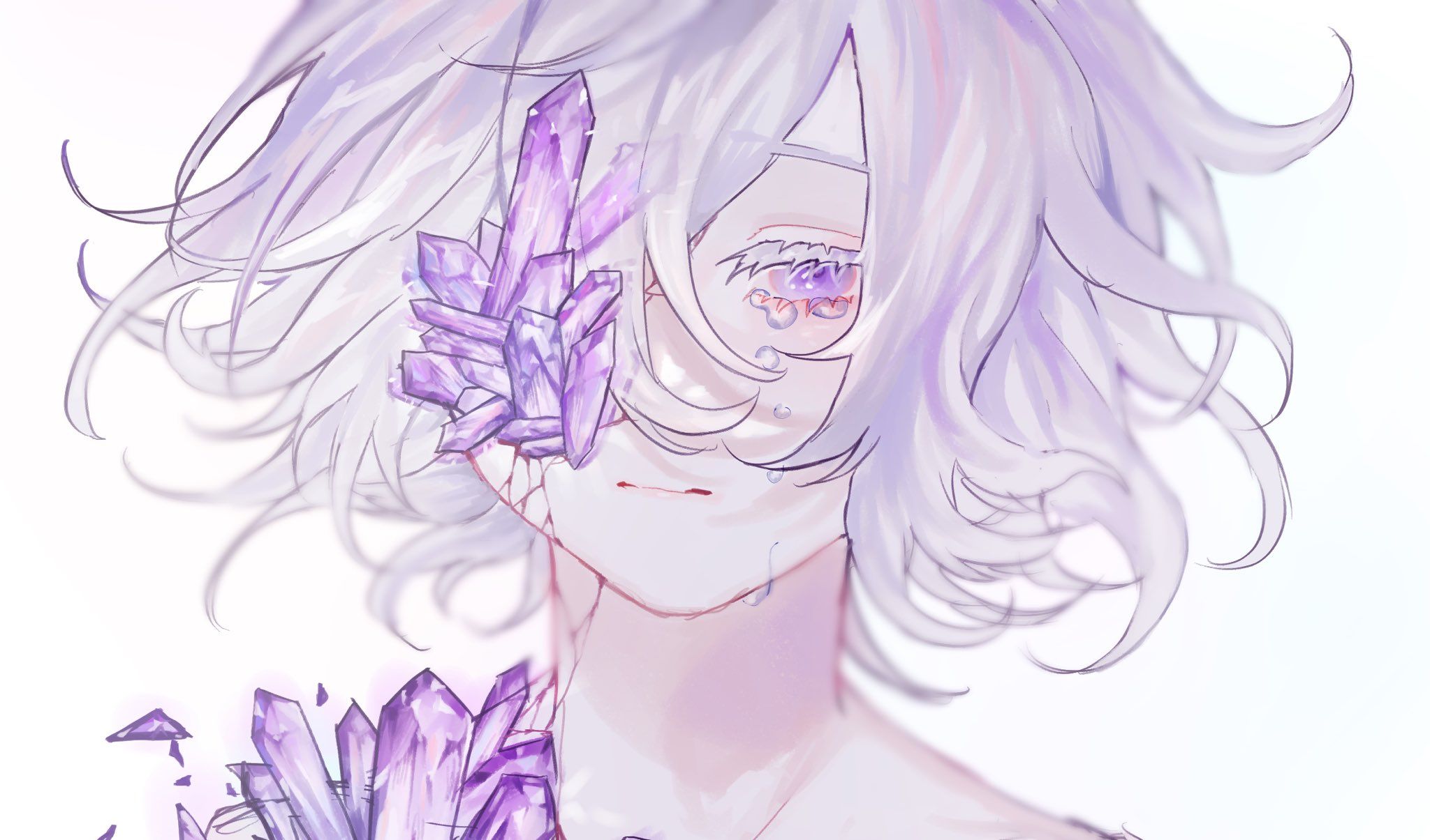 Anime girl with white hair and purple eyes holding purple crystals to her face - Eyes