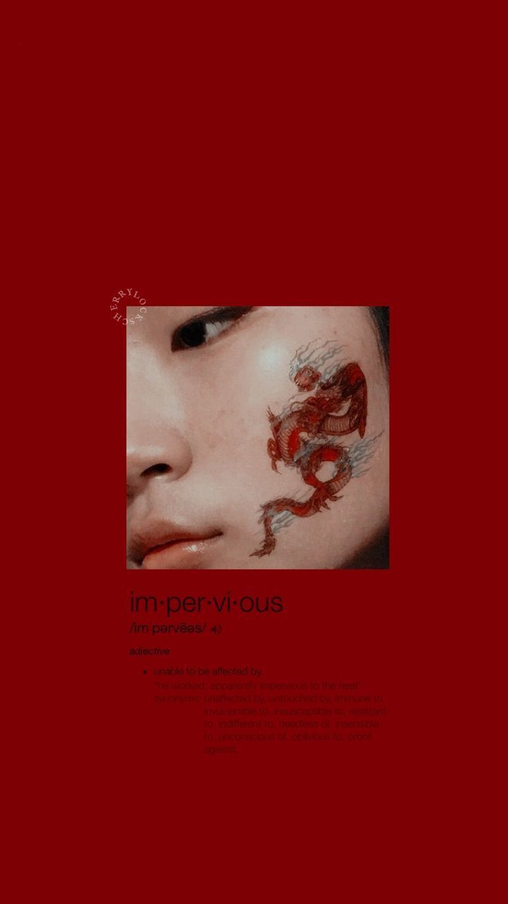 Aesthetic red background with a red dragon tattoo on a girl's face - Makeup