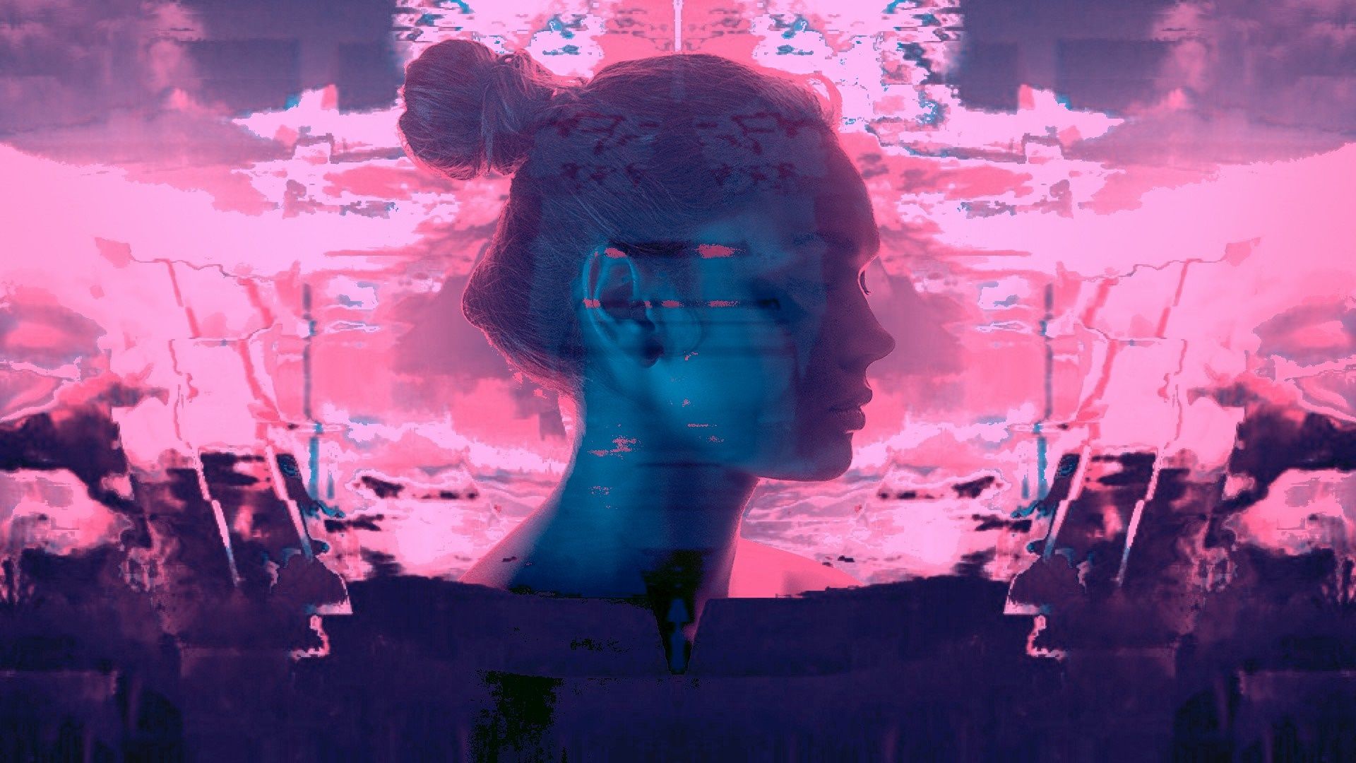 A distorted image of a woman's face in front of a pink and blue background - Eyes, glitch