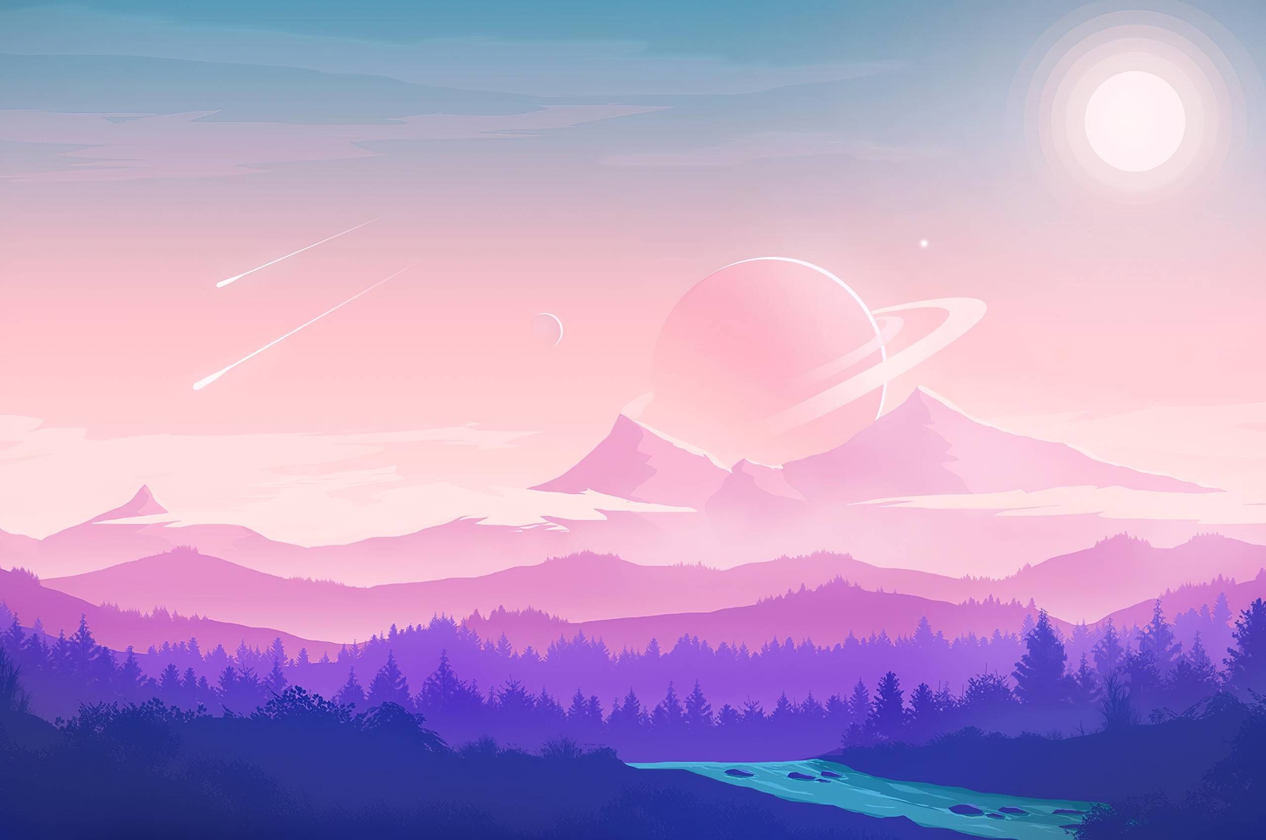 A purple and blue mountain landscape with a planet and shooting star in the sky - Alien