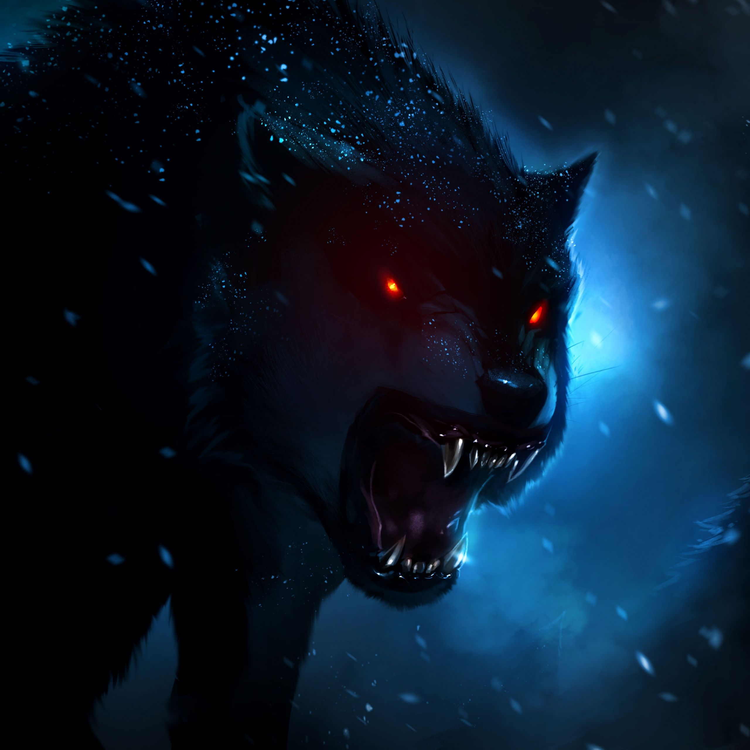 Black Wolf Wallpaper 4K, Red eyes, Snow fall, Animals