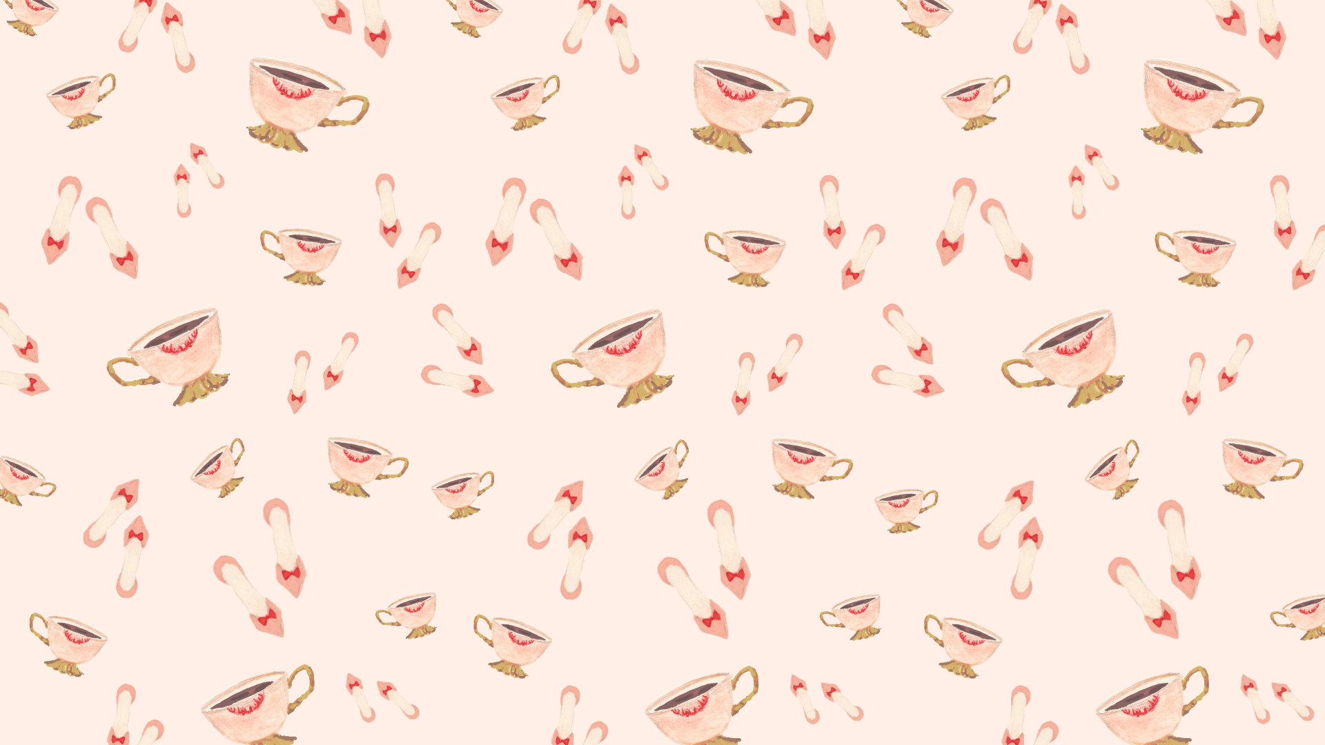 A pattern of pink cups and saucers with red hearts on a pink background - Bridgerton