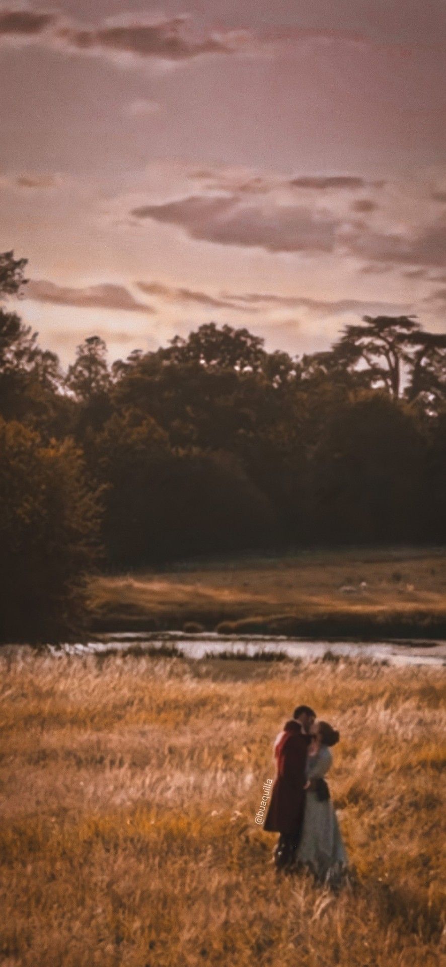 A couple standing in the middle of an open field - Bridgerton