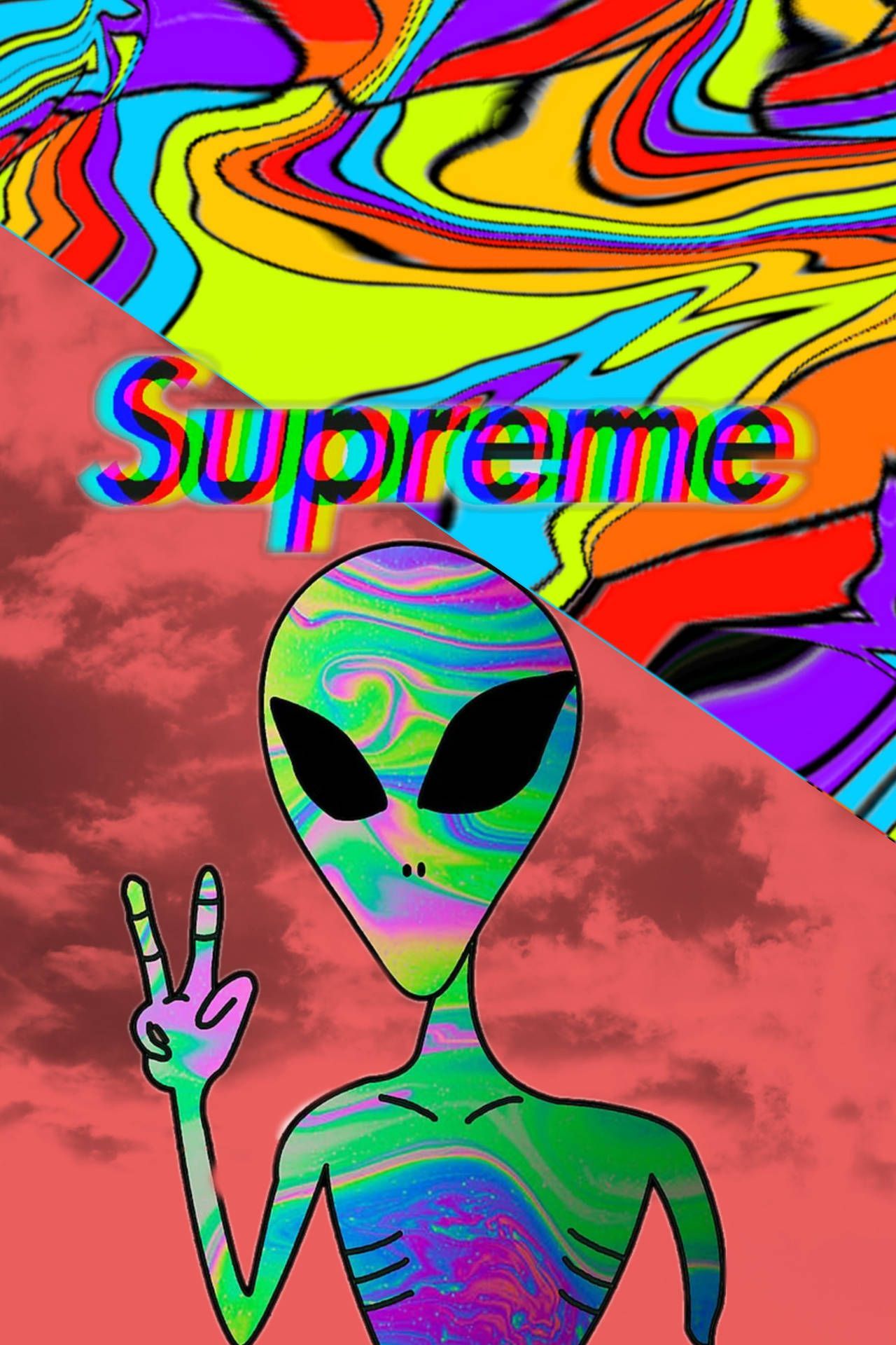 A colorful alien holding up a peace sign with the word 'Supreme' above it - Alien