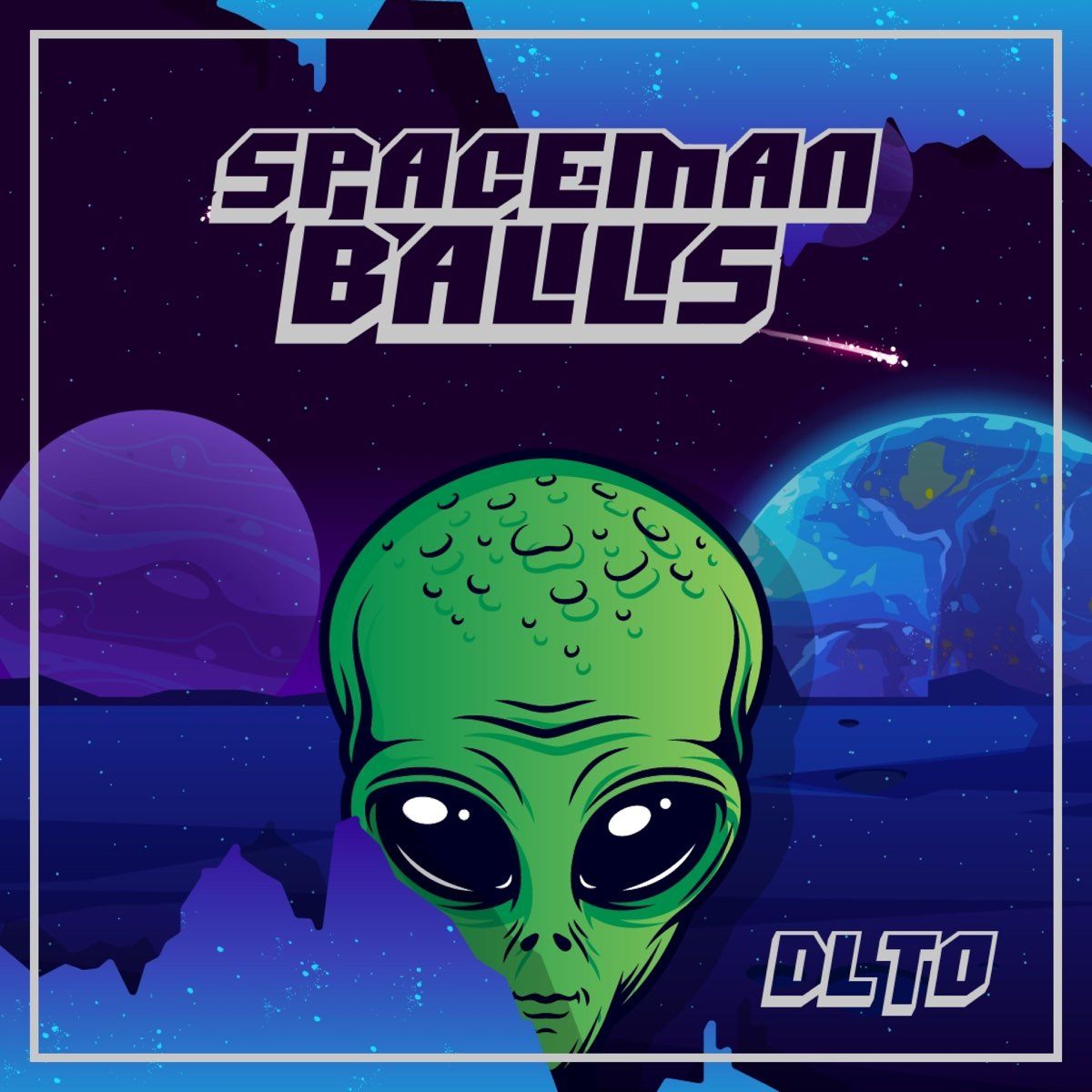 A green alien staring at the camera with the words Spaceman Balls above it - Alien