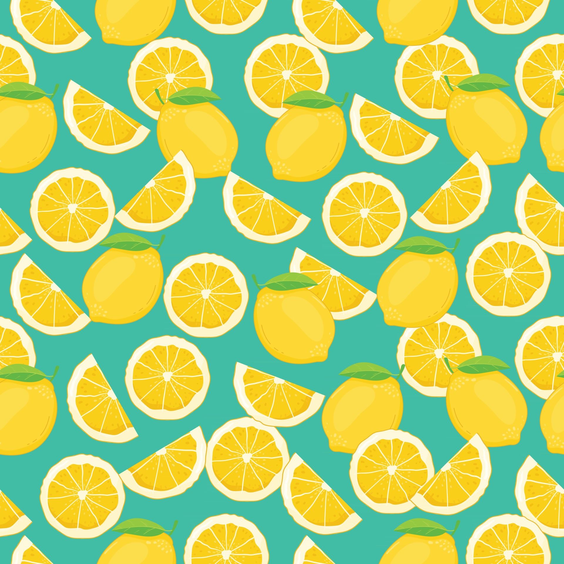 A pattern of lemons and slices on turquoise background - Lemon