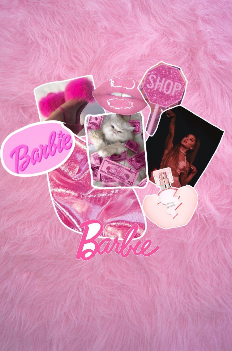 A collage of pink Barbie themed images on a pink fluffy background - Barbie