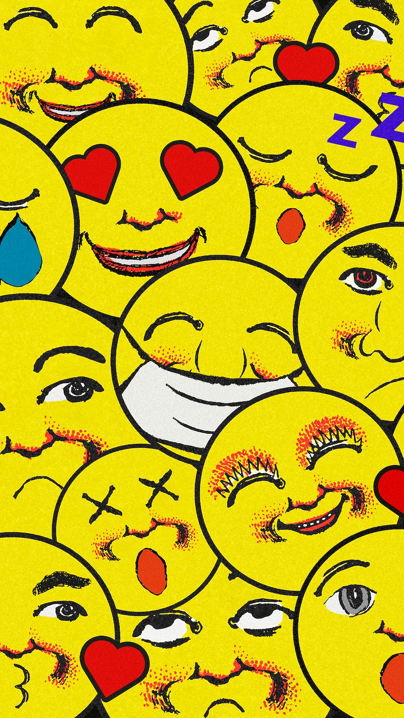 A wallpaper image of emojis with different expressions. - School