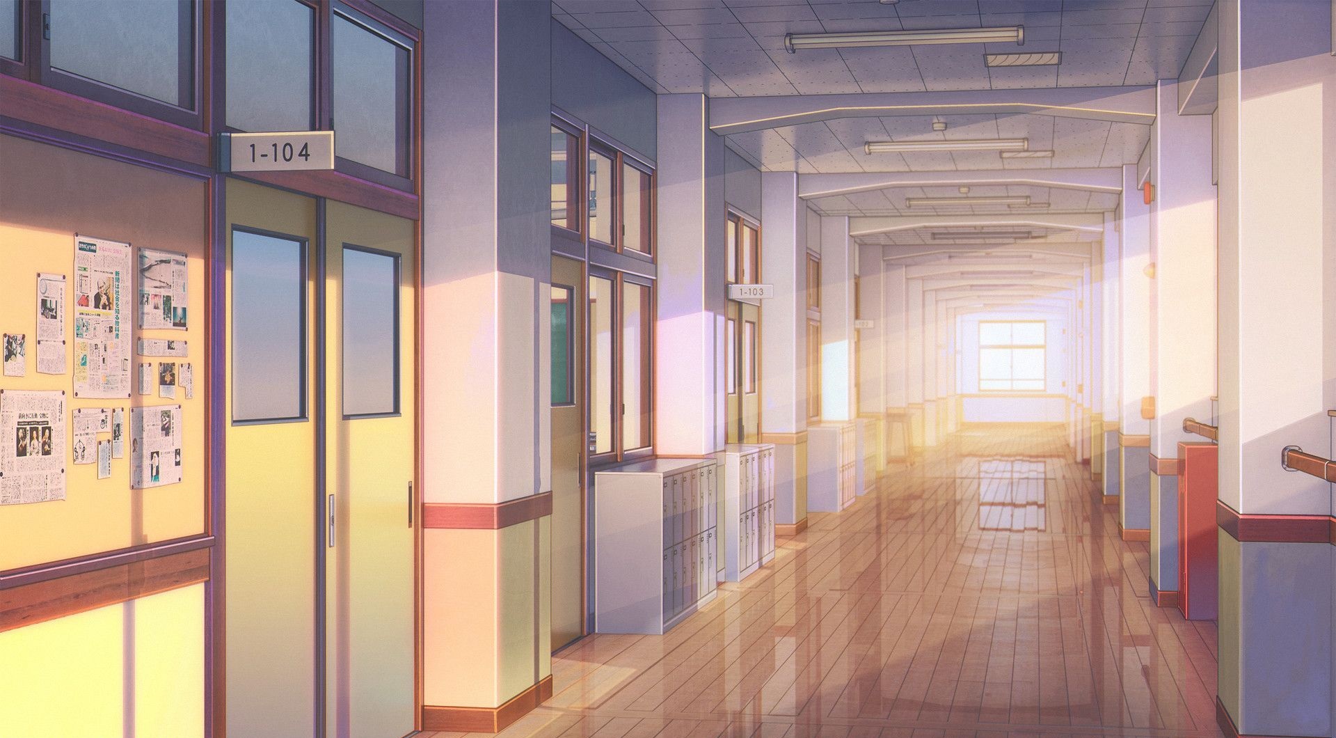 Anime school hallway with light shining through the windows - School