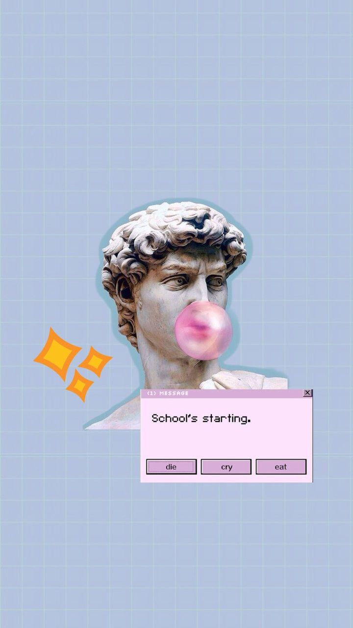Aesthetic phone background of a statue blowing a bubble gum bubble - School