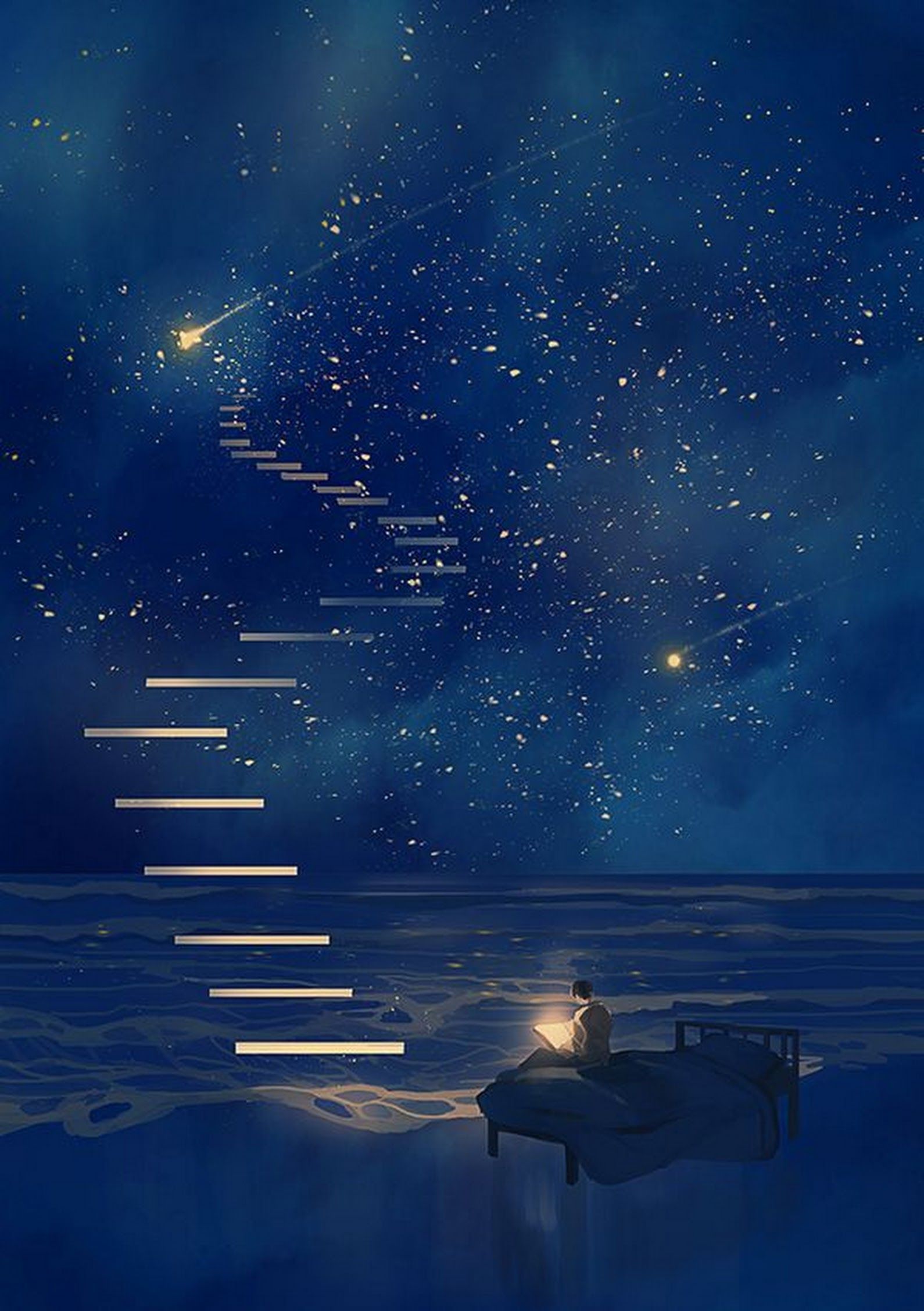 A boy standing on a pier holding a lantern looking at a ladder reaching into the stars - Constellation
