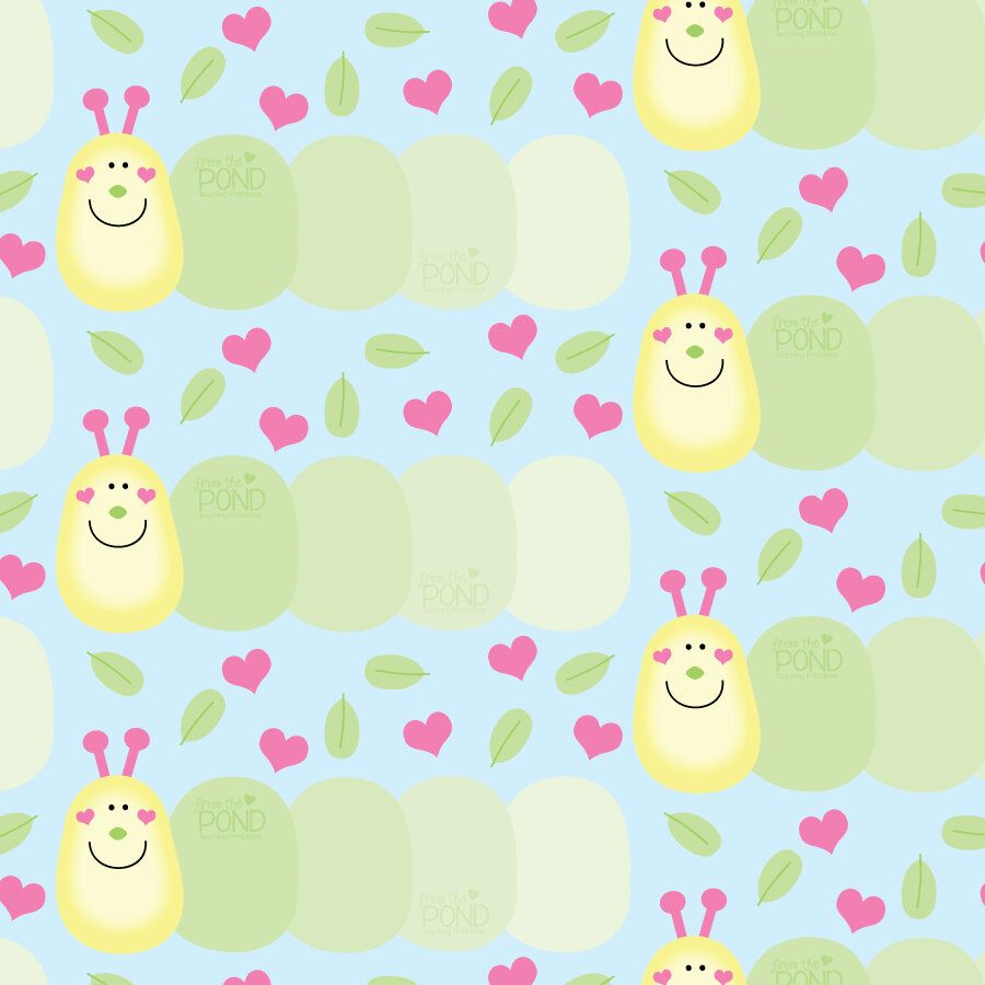 A repeat pattern design of a caterpillar with hearts and leaves - Lemon