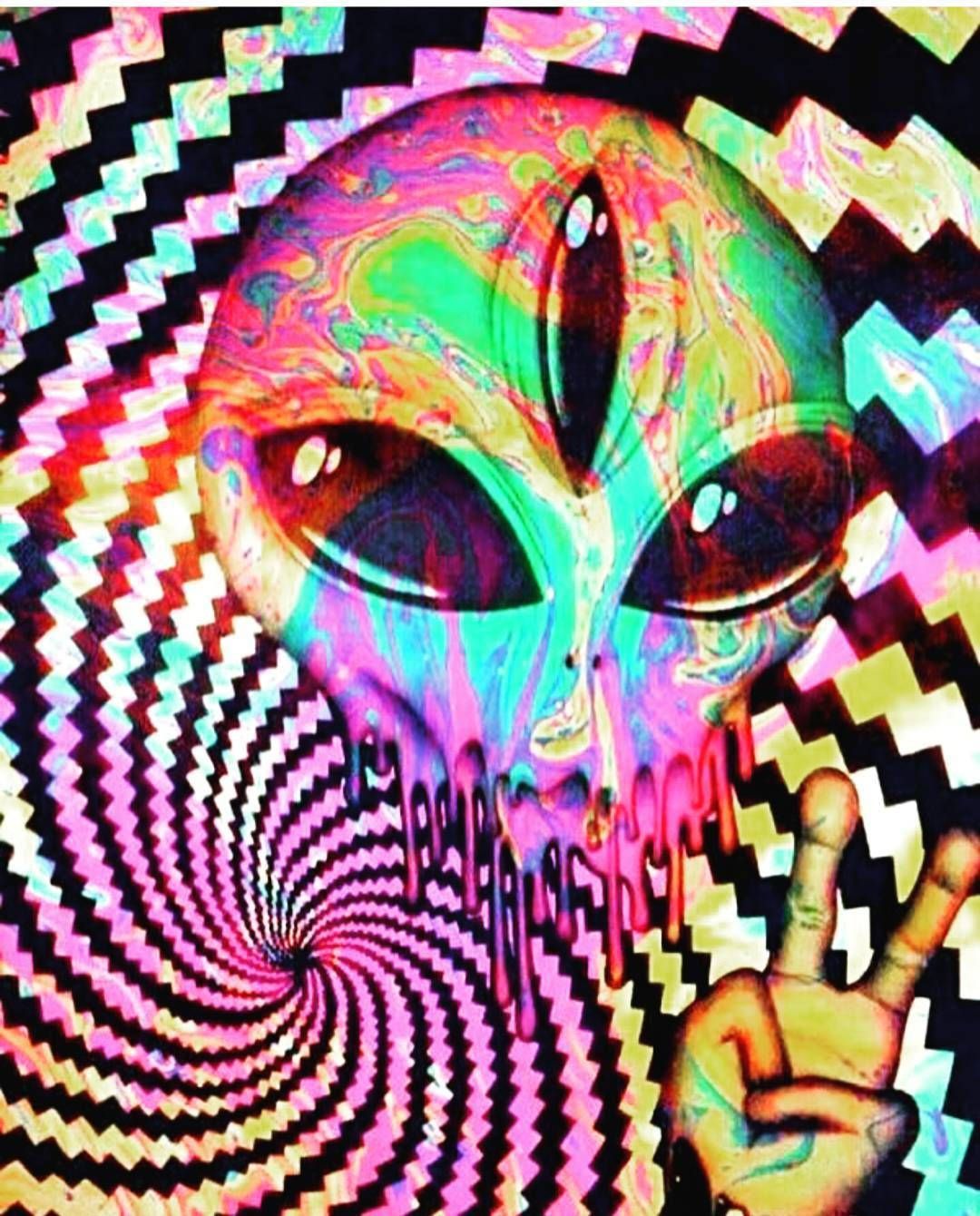 A colorful alien with a peace sign - Alien, trippy, graffiti