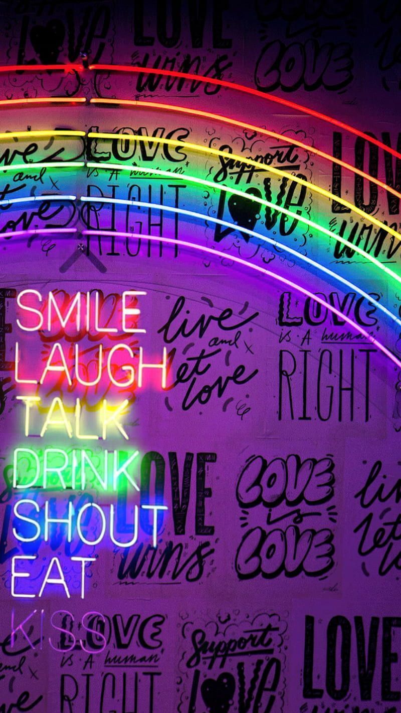 A wall of neon signs with a rainbow - Neon, colorful, rainbows