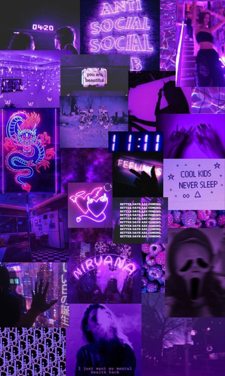 A collage of purple and black images - Neon purple, neon, violet