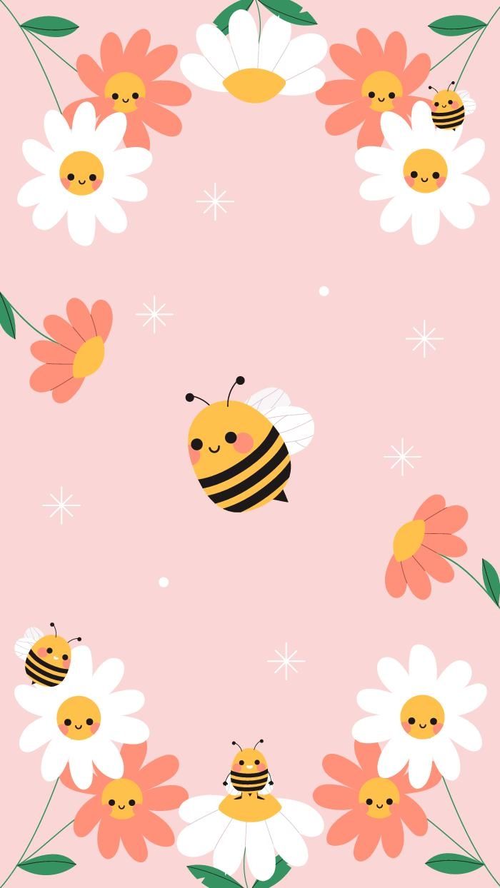 A cute bee and flowers on pink background - Bee
