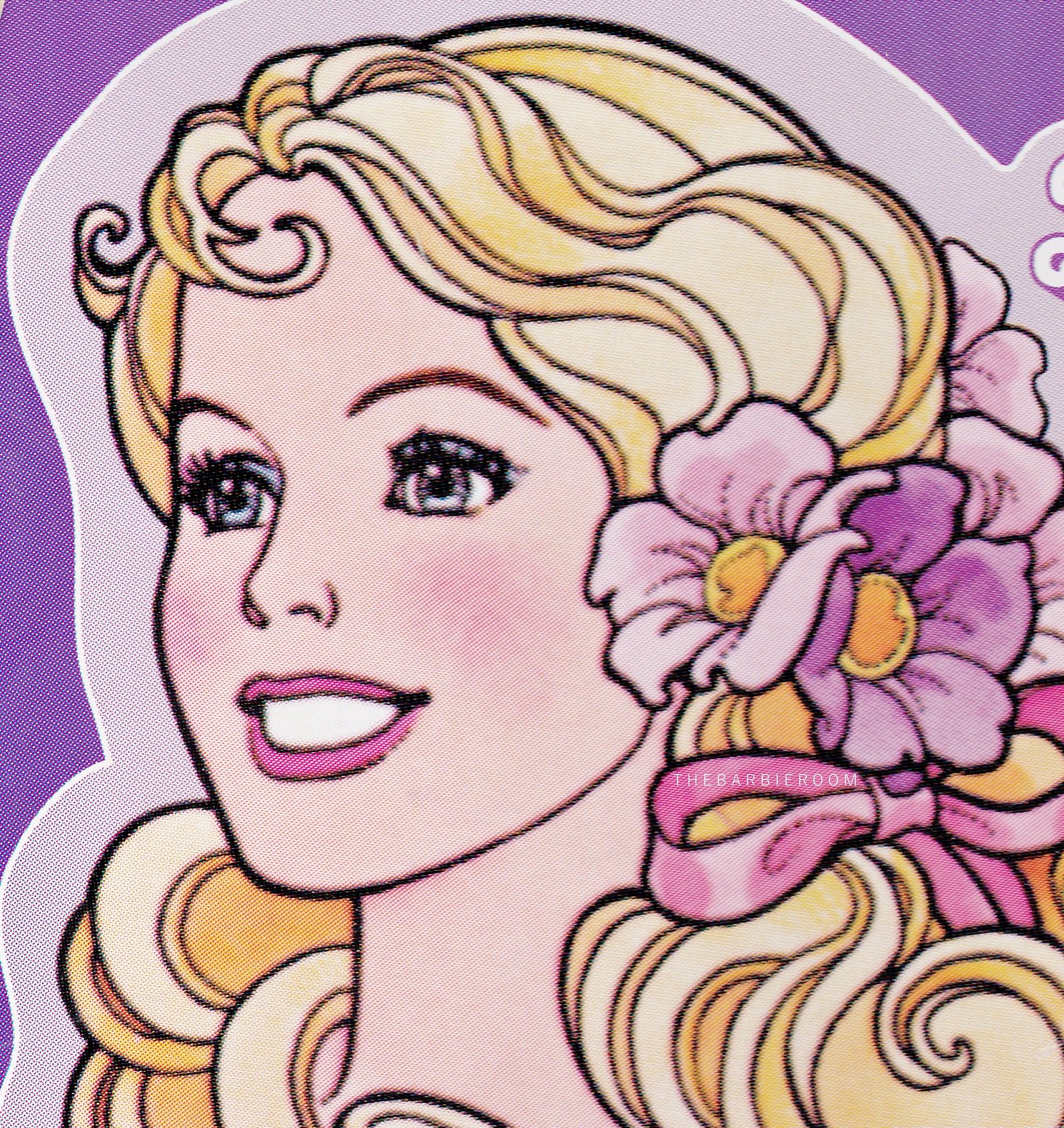 Close-up of the face of a smiling Barbie doll, wearing a pink dress and a pink flower in her hair. - Barbie