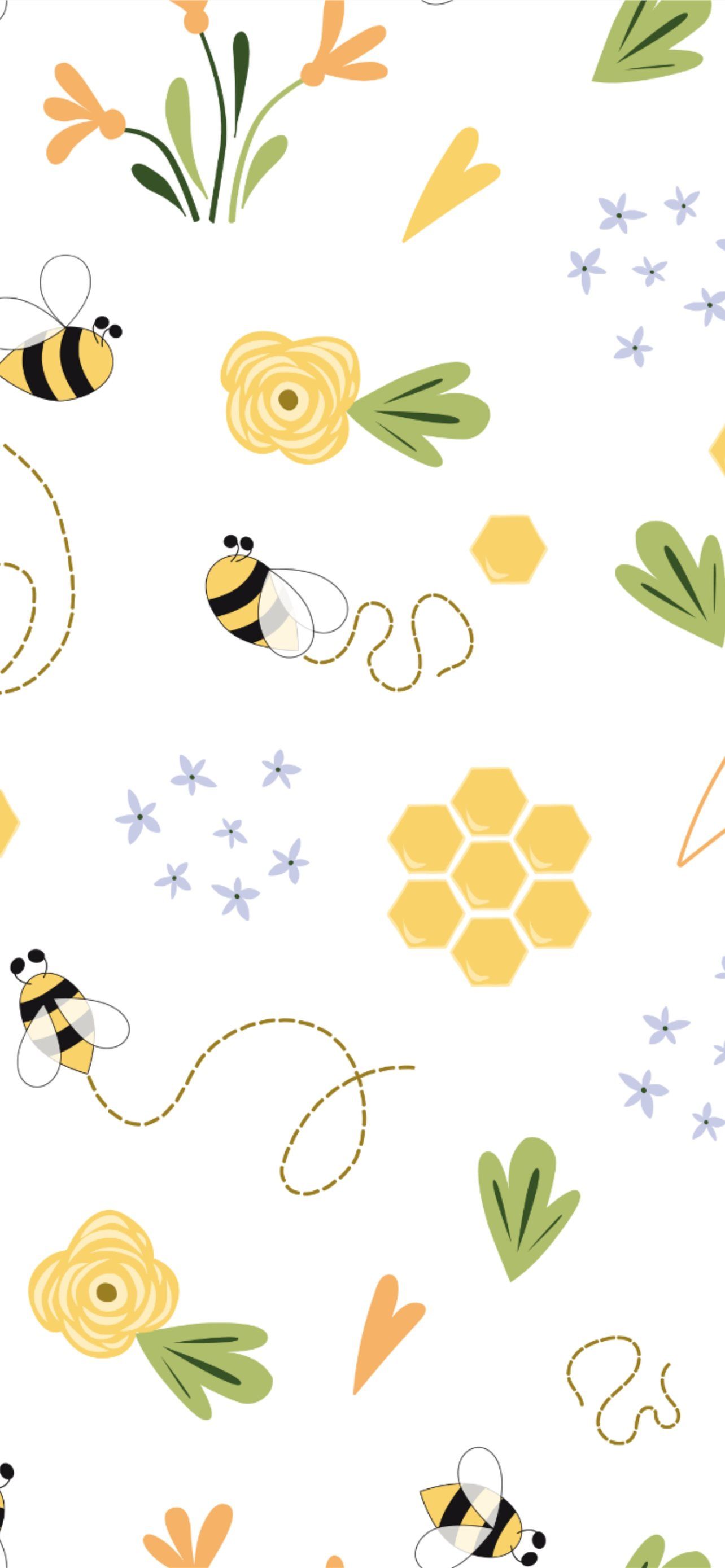 A pattern of flowers, bees and leaves - Bee, honey