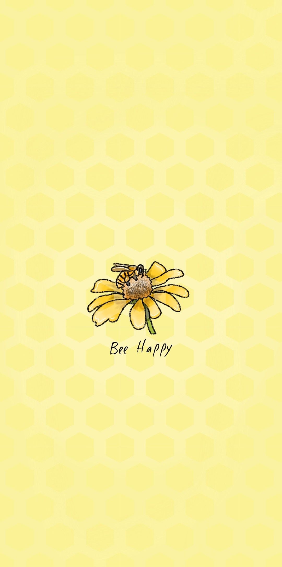 Yellow wallpaper with a bee on a flower and the words 