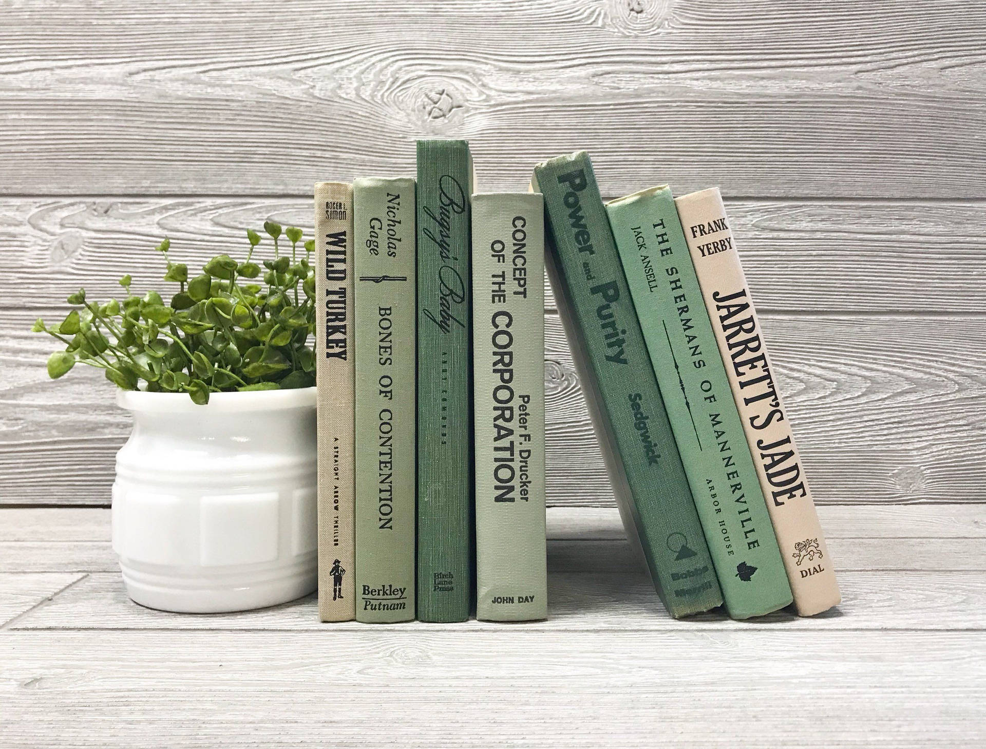 A white vase holding green plants next to books - Green, sage green, books