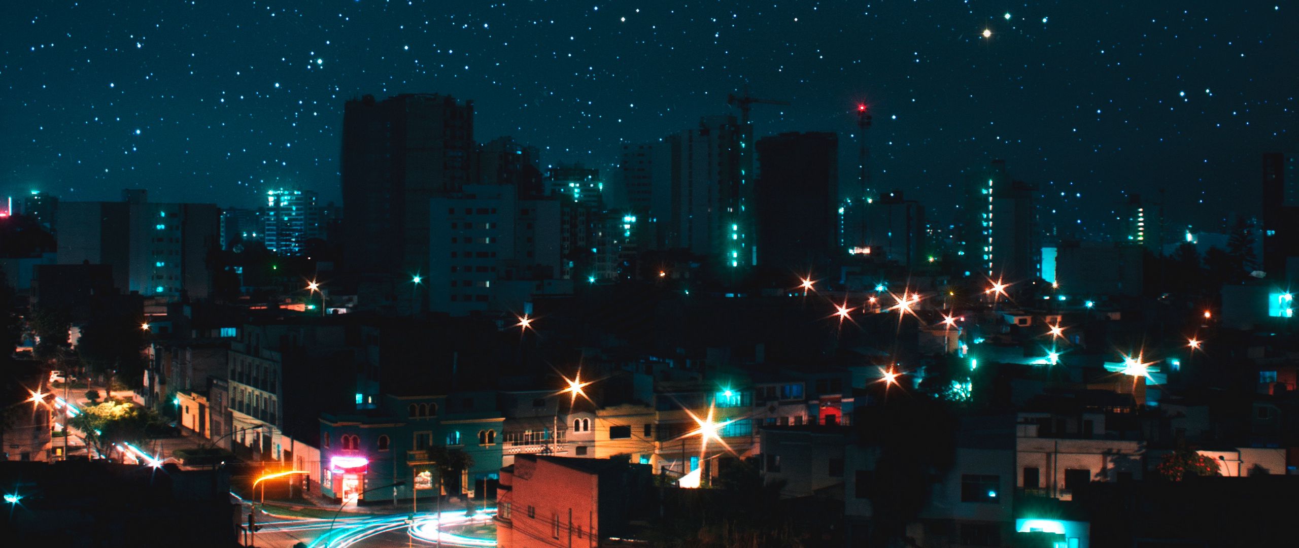 Download wallpaper 2560x1080 night city, view from above, starry sky, buildings dual wide 1080p HD background