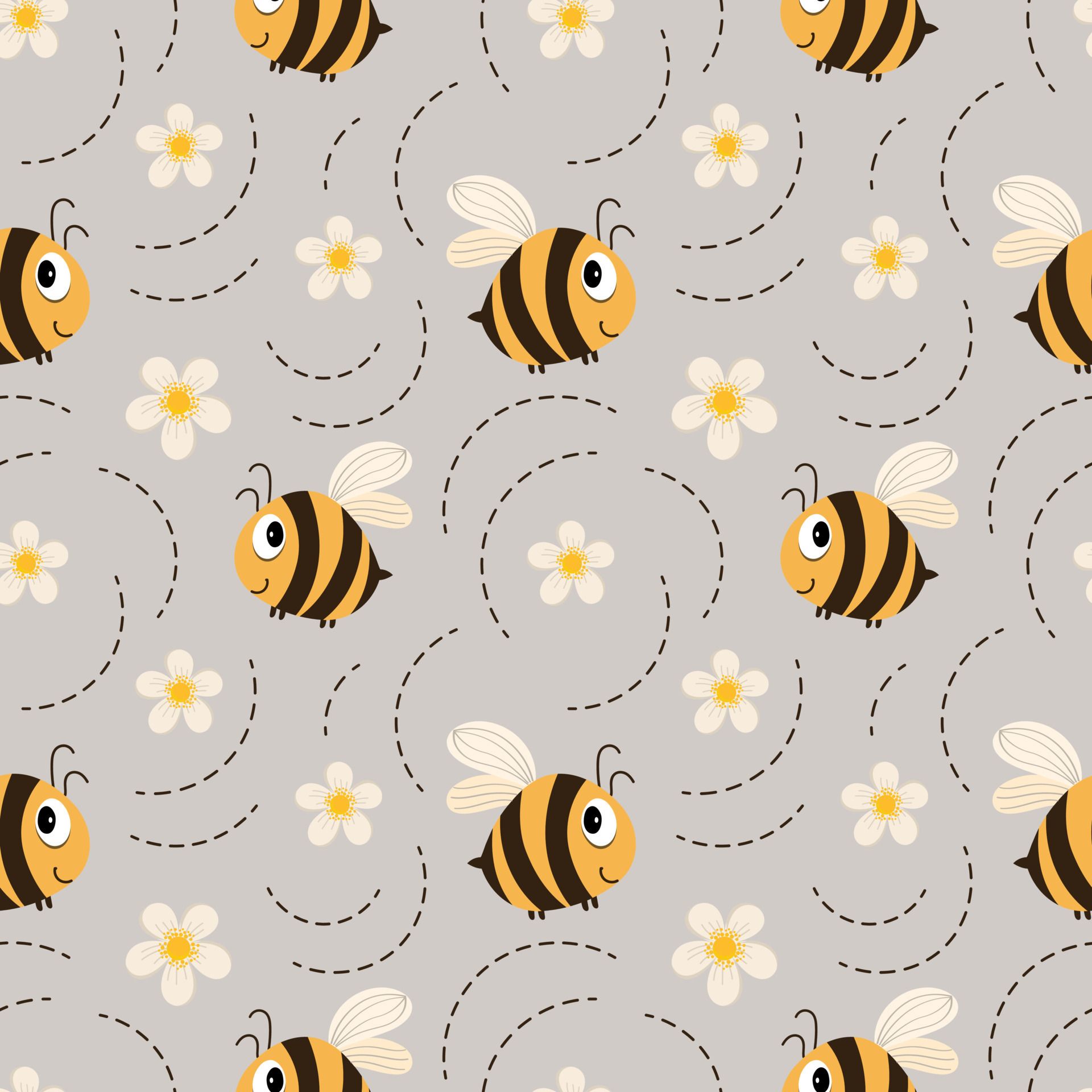 Seamless pattern, cute funny busy bees, white daisies and dotted lines on a beige background. Print, textile, for children, wallpaper, cover