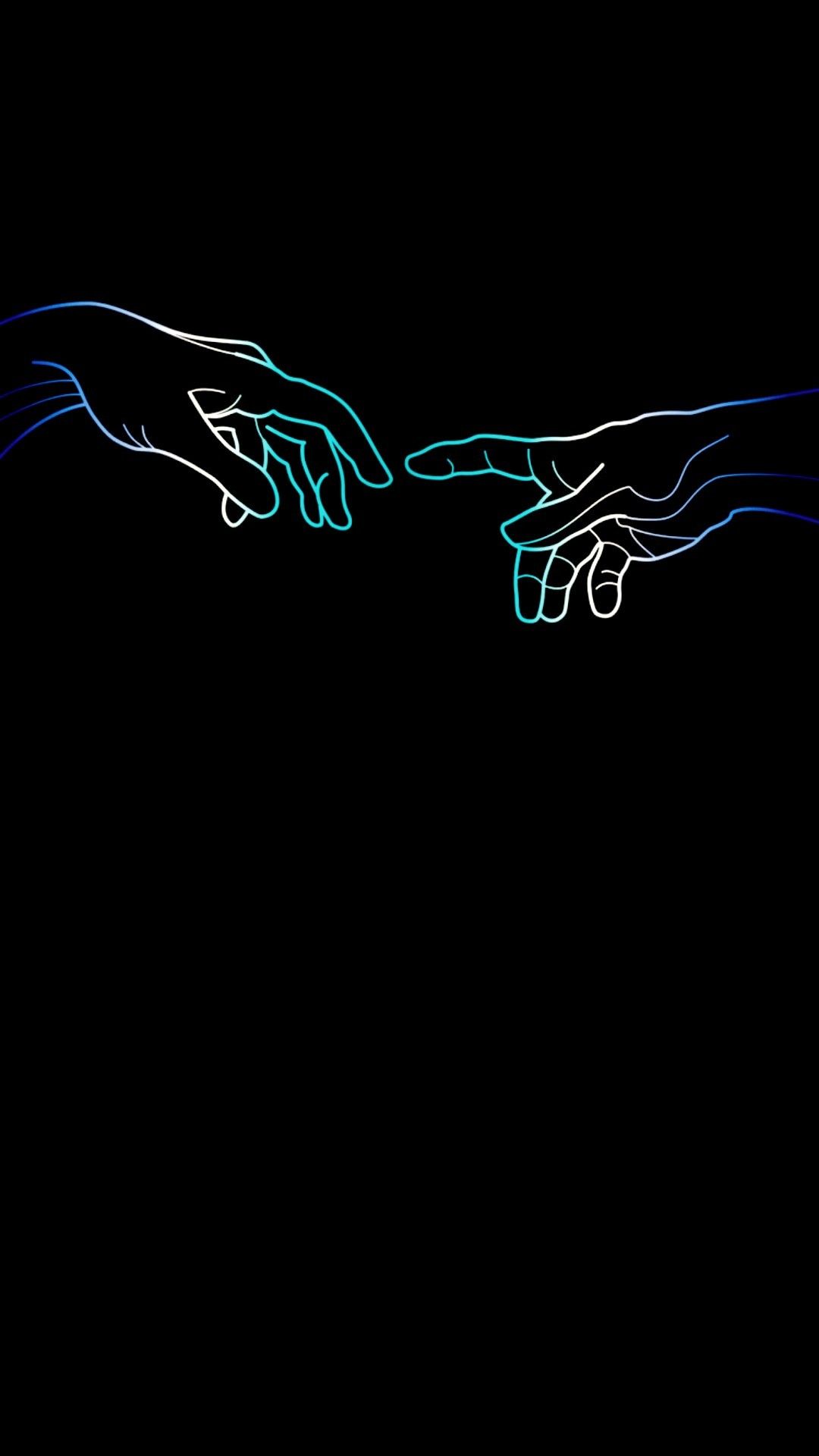 Two hands in blue and white reaching out to each other on a black background - LGBT