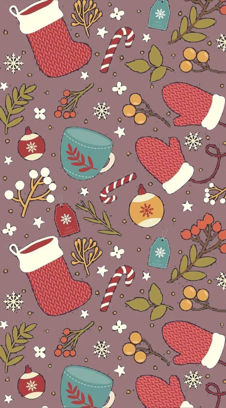 Christmas pattern with mittens, a cup of tea, a candy cane and a Christmas ball - Christmas