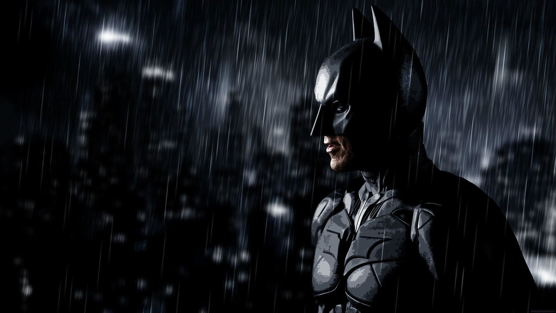 Batman in the rain, looking into the distance - Batman