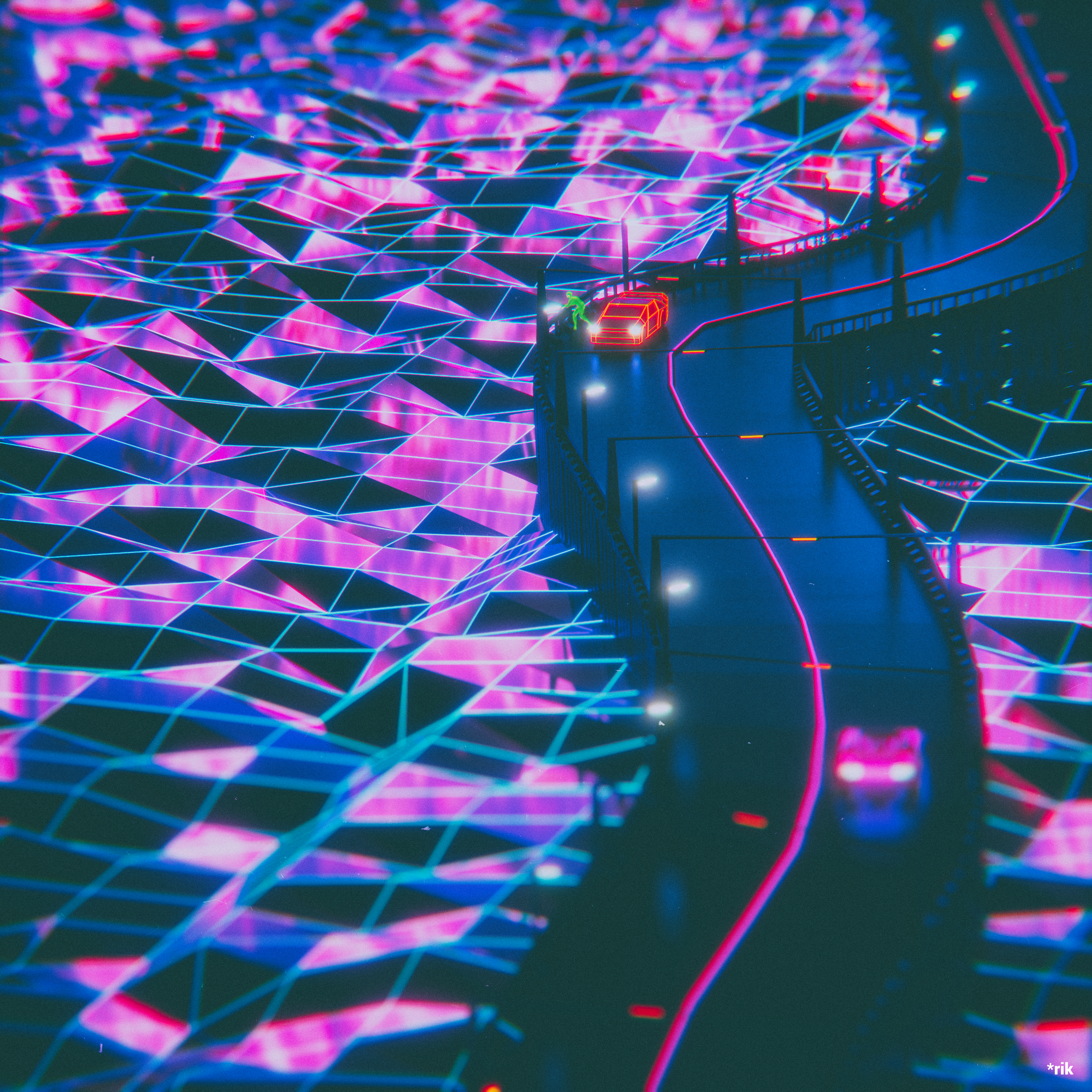 A car on a highway with a digital neon city in the background - Neon, synthwave