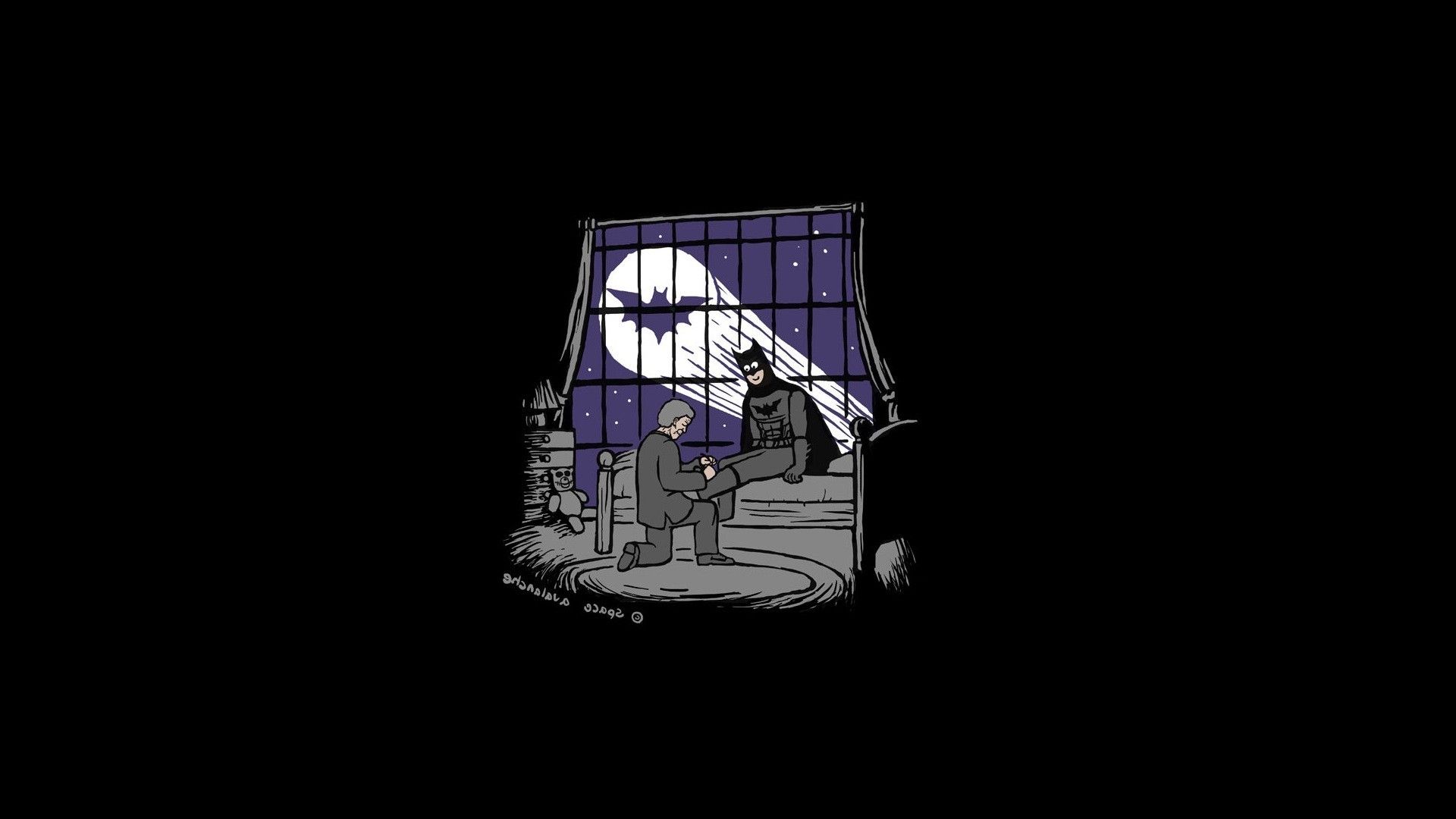 A black and white illustration of a man and a woman looking out a window at a full moon. - Batman