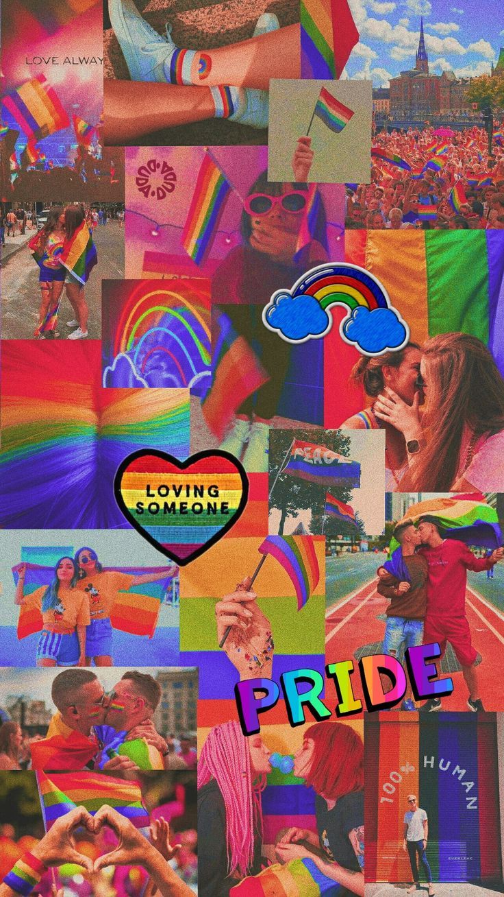 Collage of photos of people celebrating pride, rainbow flags, and the word 