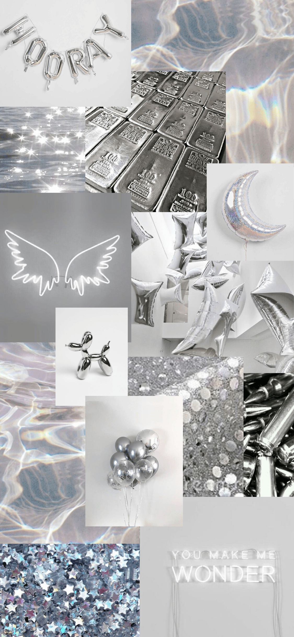 A collage of silver and white aesthetic pictures. - Silver