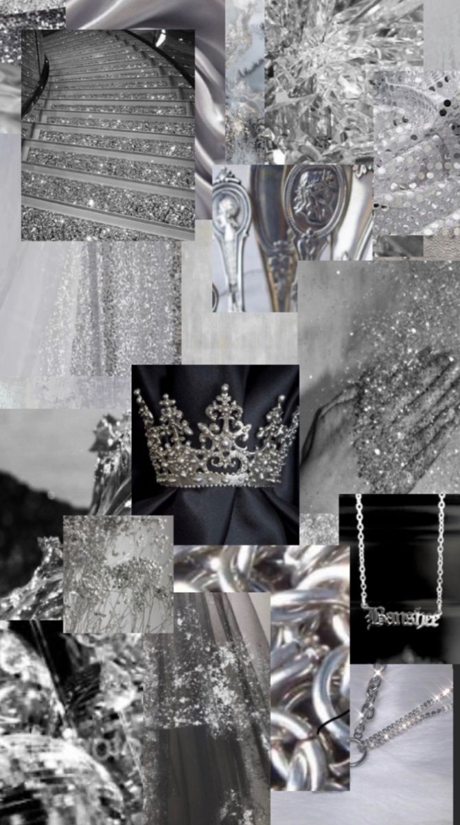 A collage of silver and black images including crowns, jewels, and staircases. - Silver