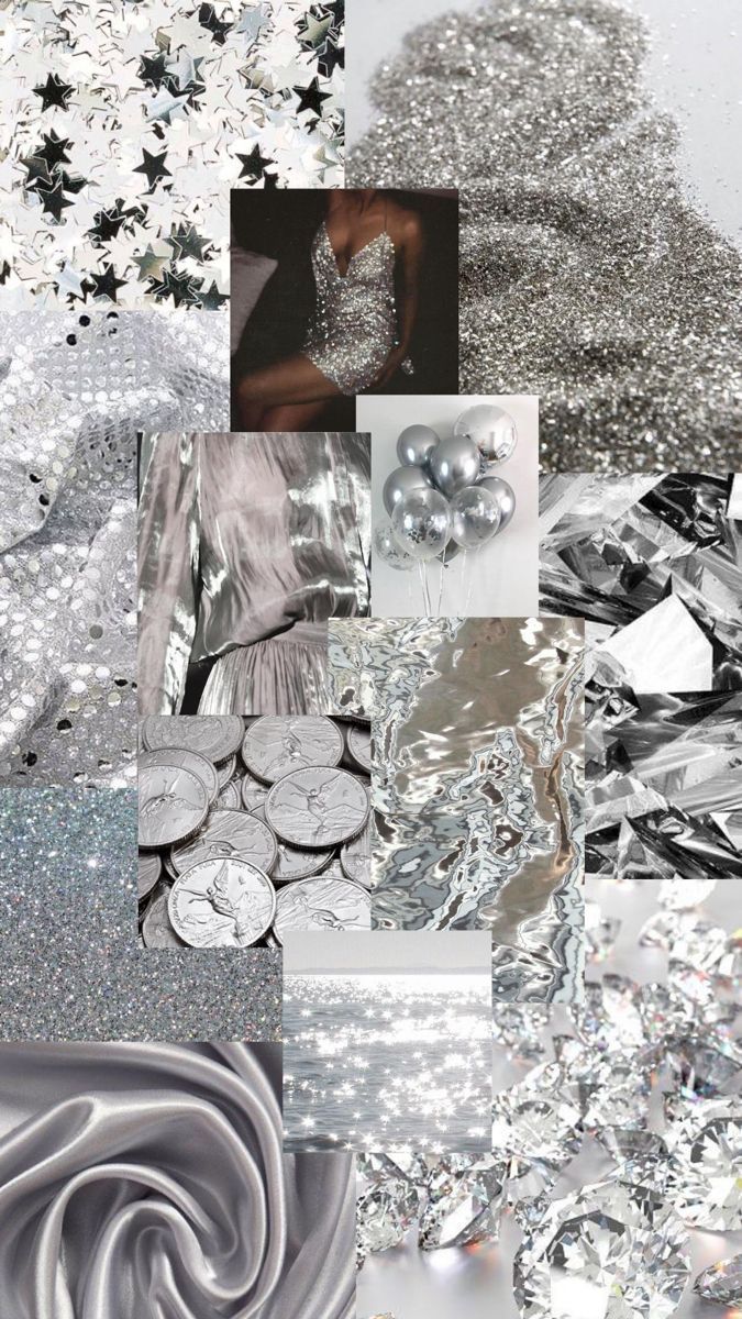 A collage of silver and grey images including glitter, coins, and balloons. - Silver