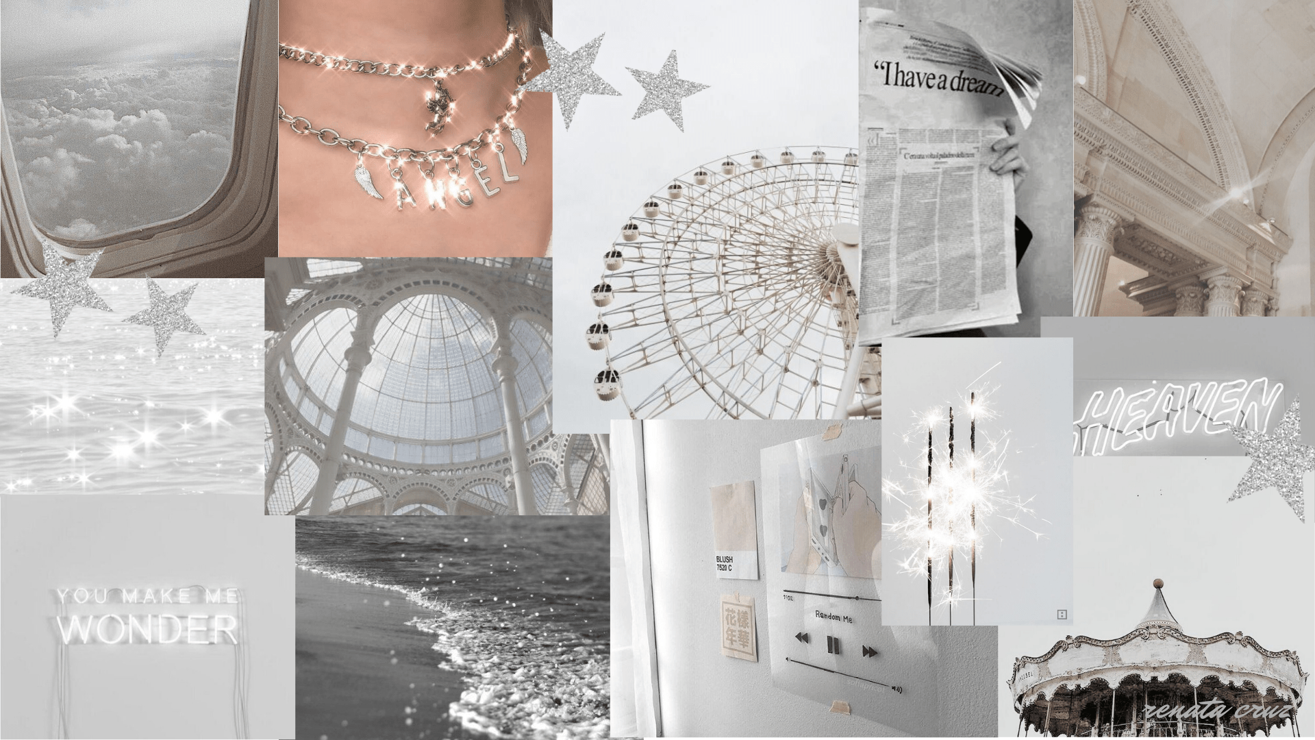 A collage of black and white photos featuring silver and white elements, such as a ferris wheel, carousel, and stars. The image is accompanied by a brief description and a list of tags.  - Silver