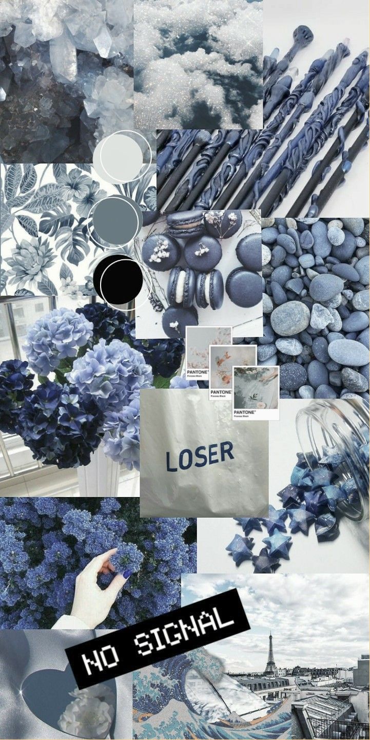 Aesthetic blue and grey collage wallpaper for phone background. - Silver