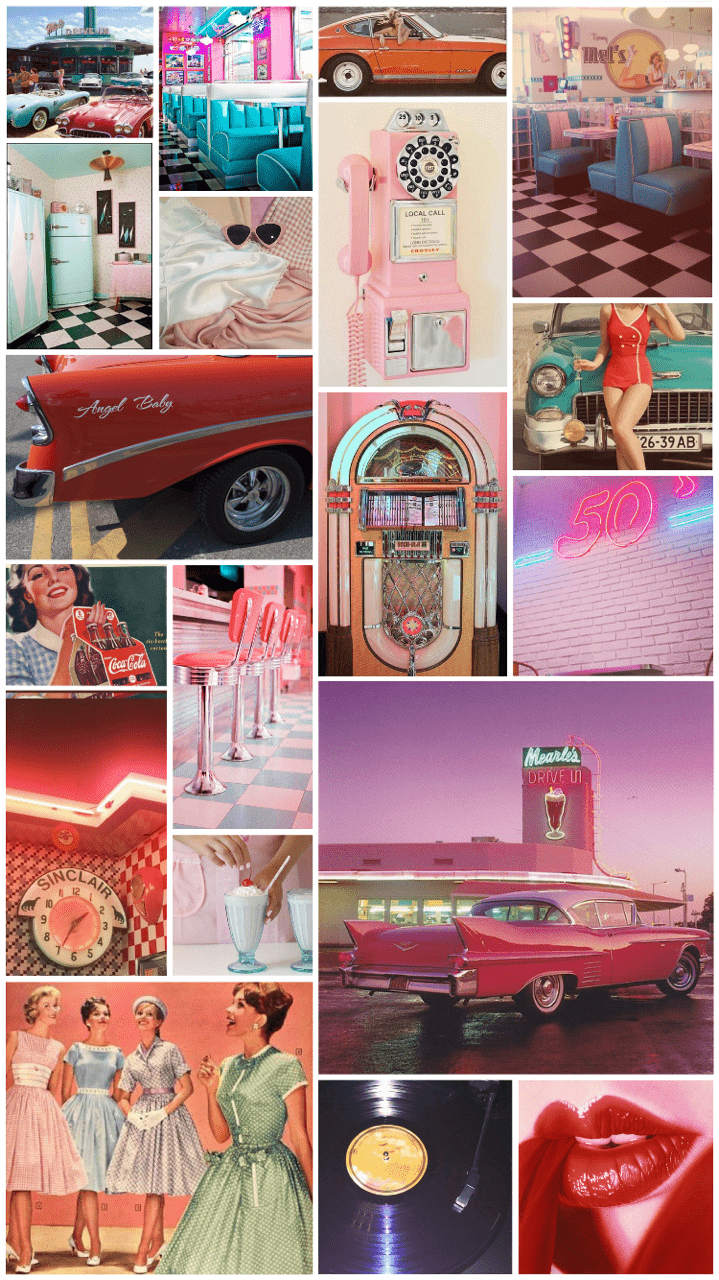 A collage of 50s inspired images including cars, jukeboxes, soda machines, and diner decor. - 50s, 60s