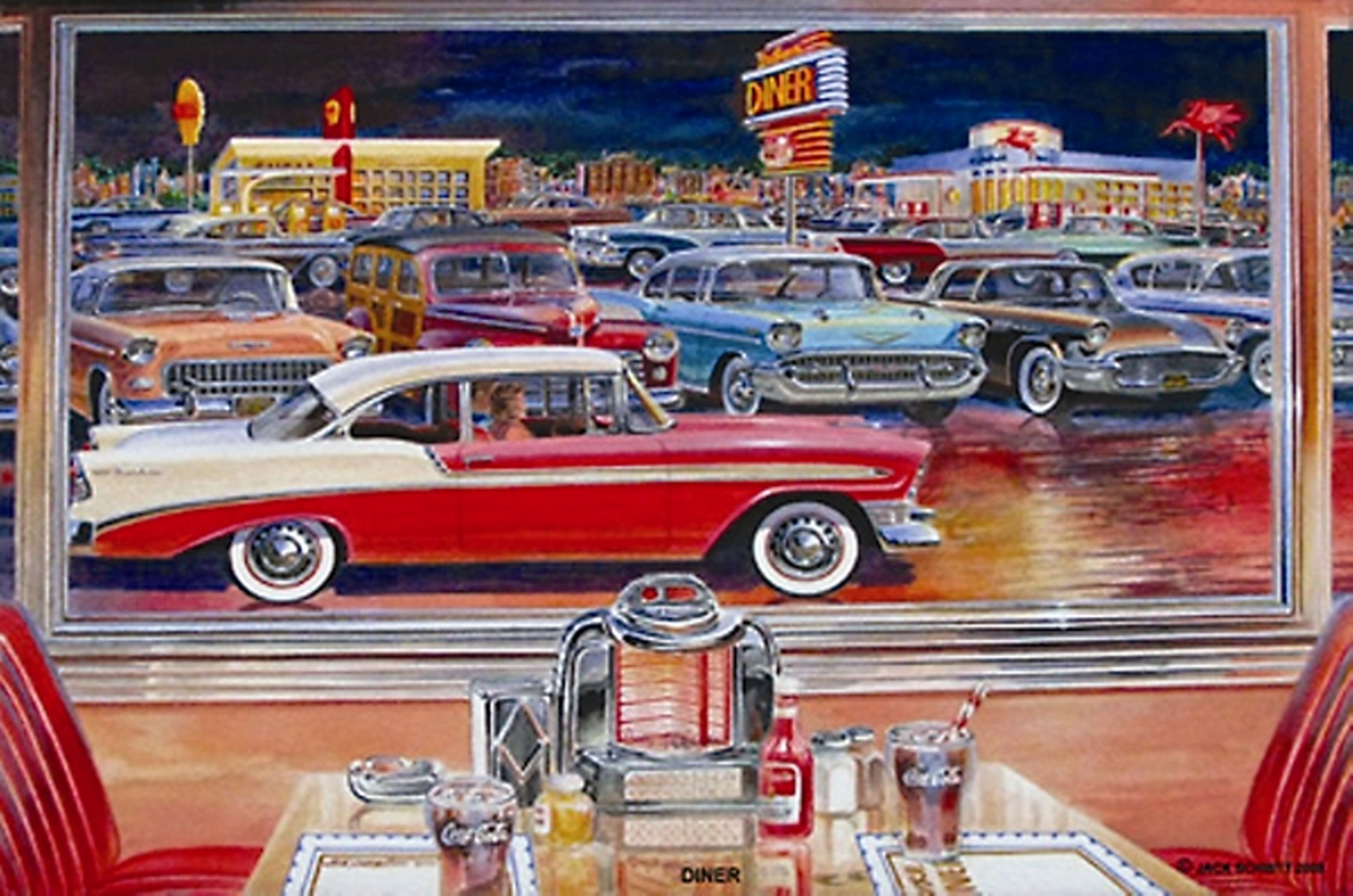 The painting of the diner and the classic cars was painted by a famous artist. - 50s, 60s