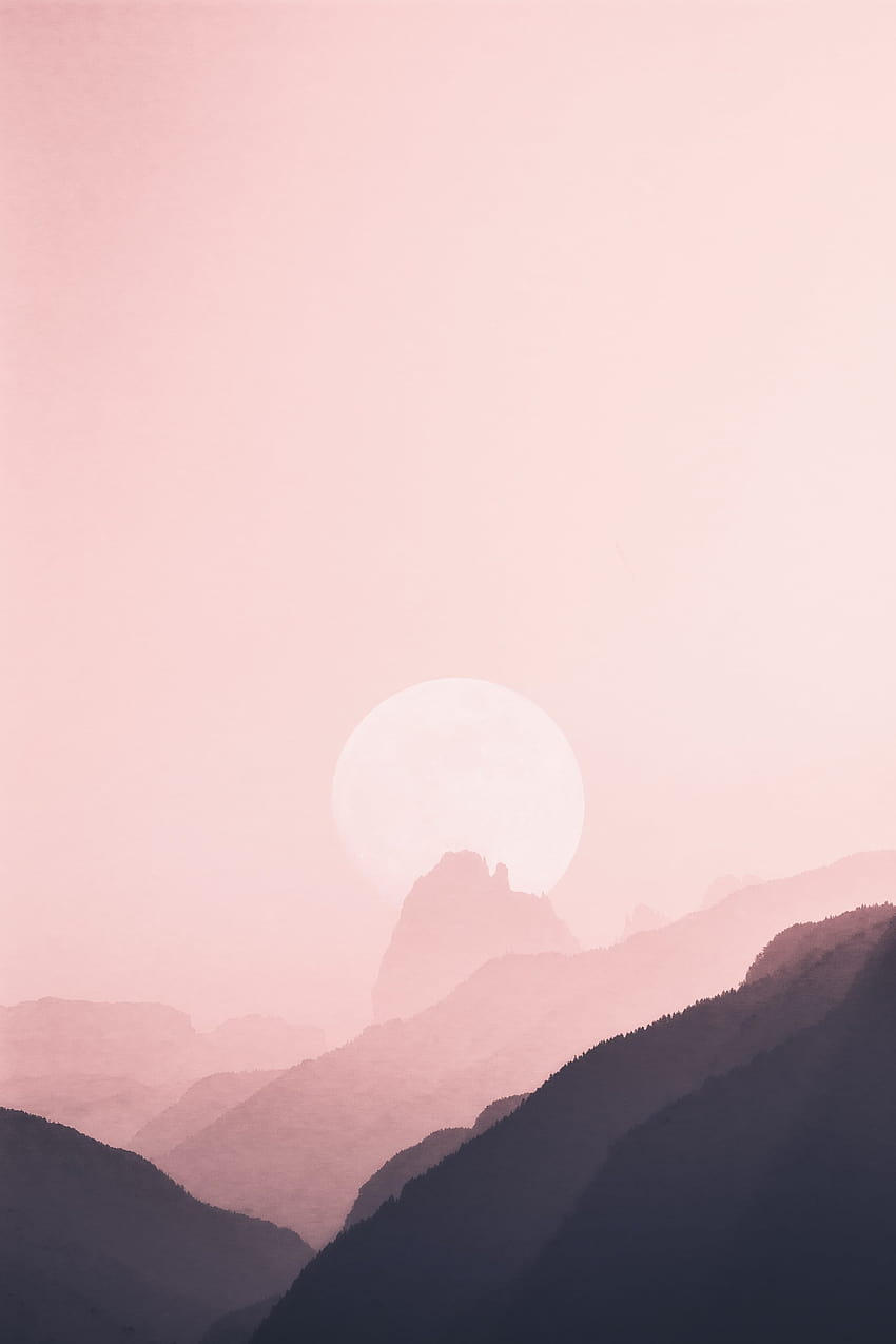 A minimalist landscape illustration of a pink mountain range with a full moon - Clean