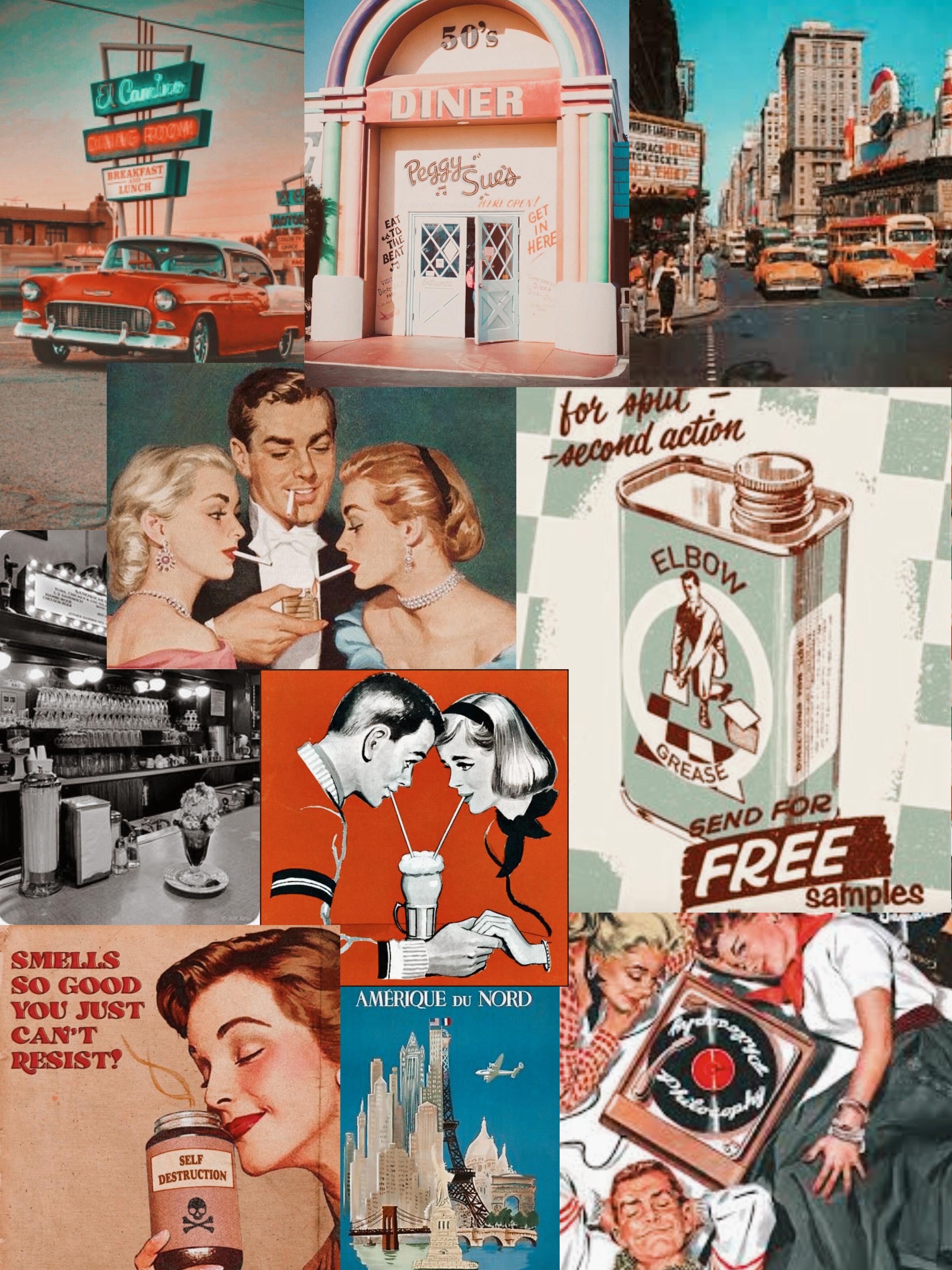 A collage of images from the 1950s, including a diner, cars, and advertisements. - 50s