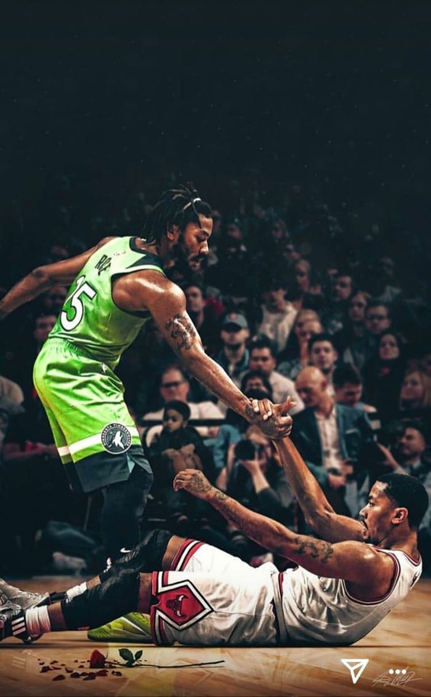 This is a photo of a basketball player in green jersey standing over another basketball player in red jersey who is on the ground. - NBA