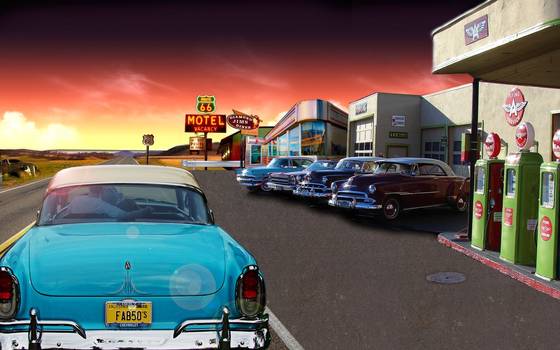 A painting of an old gas station with cars - 50s