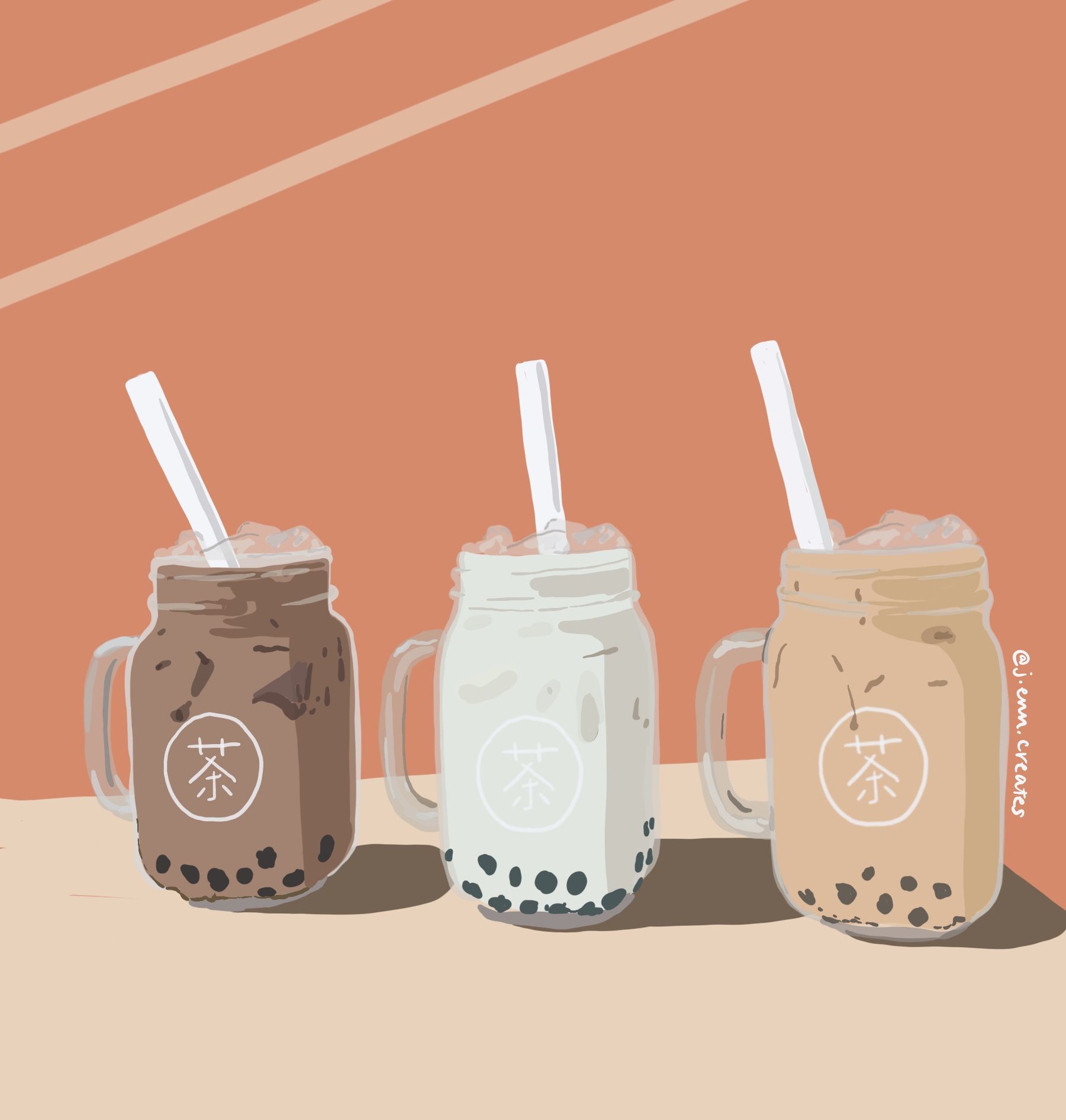 An illustration of three different types of bubble tea in mason jars. - Boba