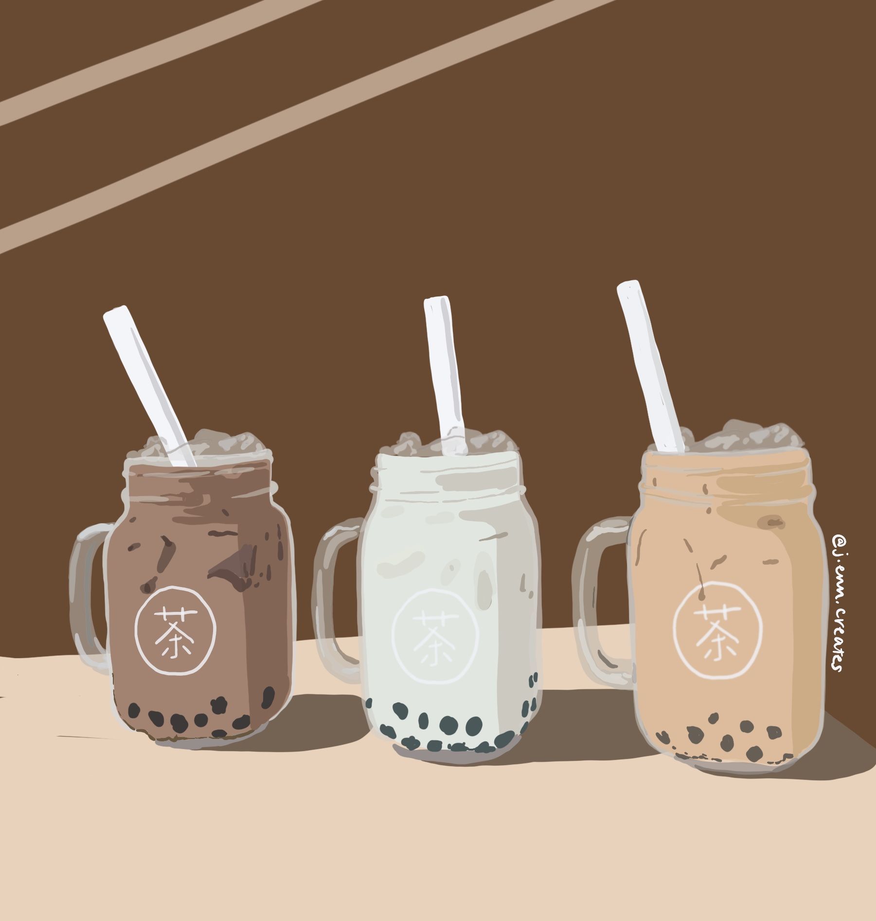 An illustration of three cups of bubble tea. - Boba