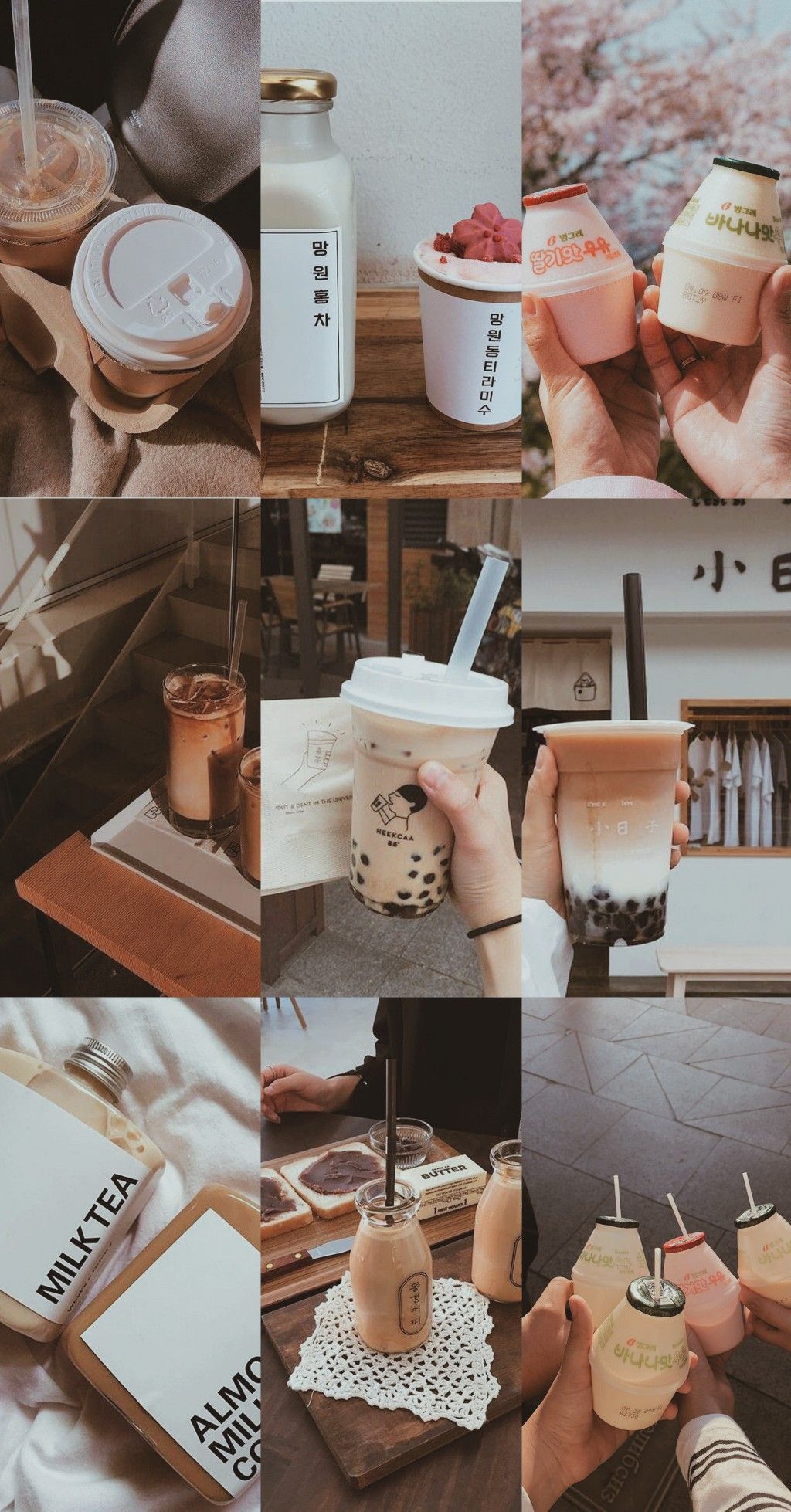 A collage of pictures with drinks and food - Boba