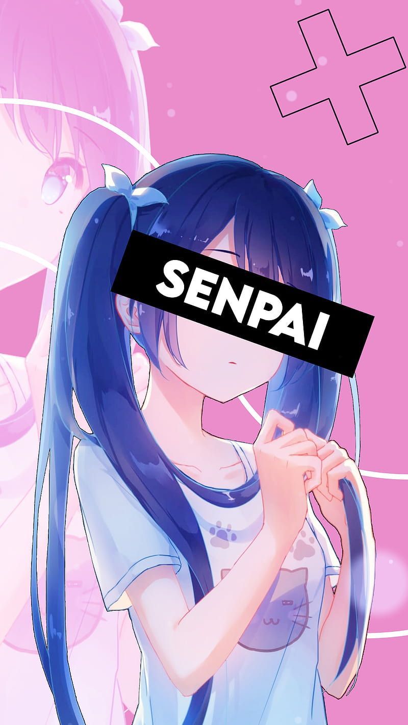 A blue-haired anime girl with a pink background and the word 